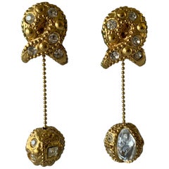 Vintage Textured Gold Diamante Drop Earrings 