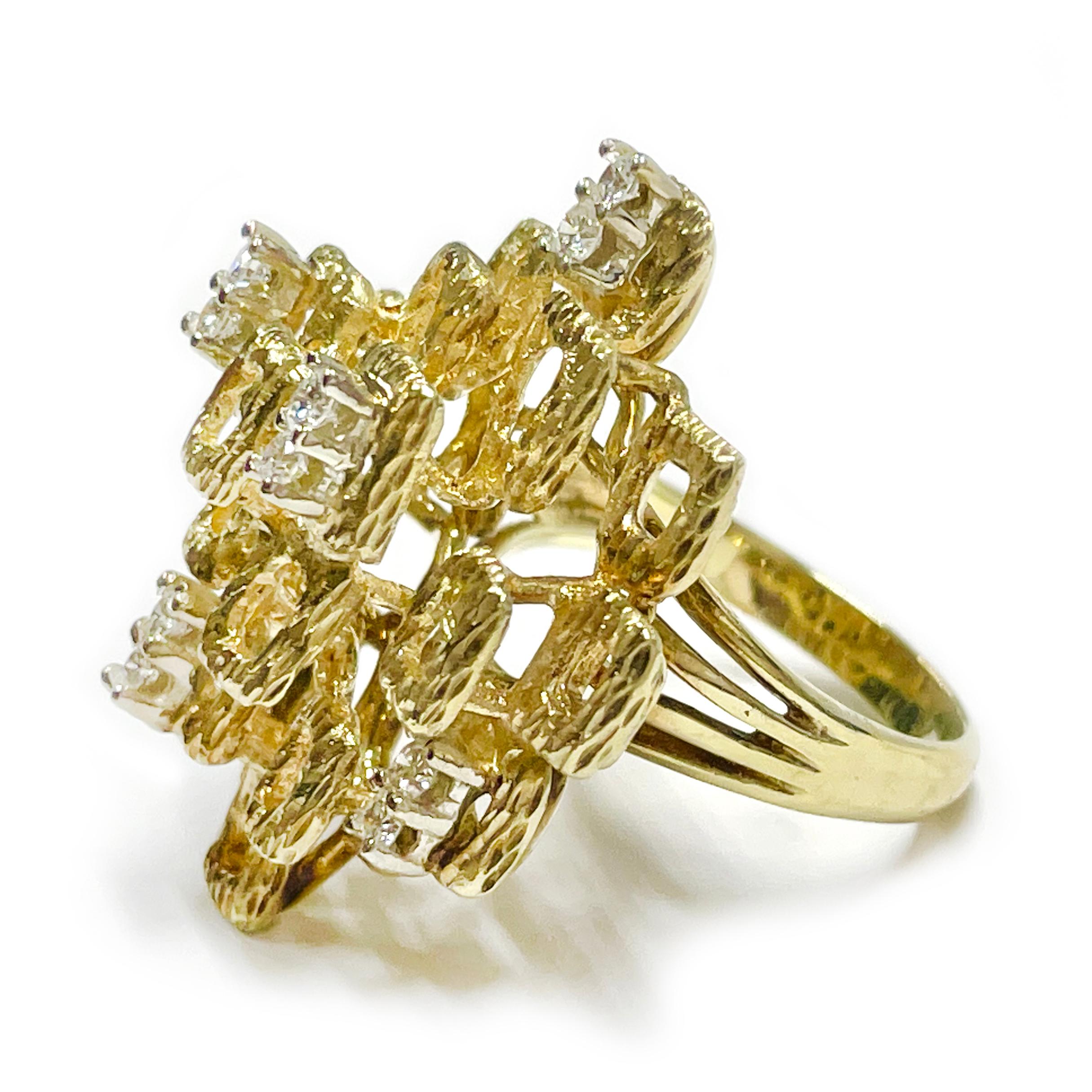 Vintage Textured Gold Diamond Ring from the 1980s features a unique design with textured open squares and ten prong-set diamonds, creating a visually striking multi-tier pattern. The interplay of textures and the reflective qualities of the gold