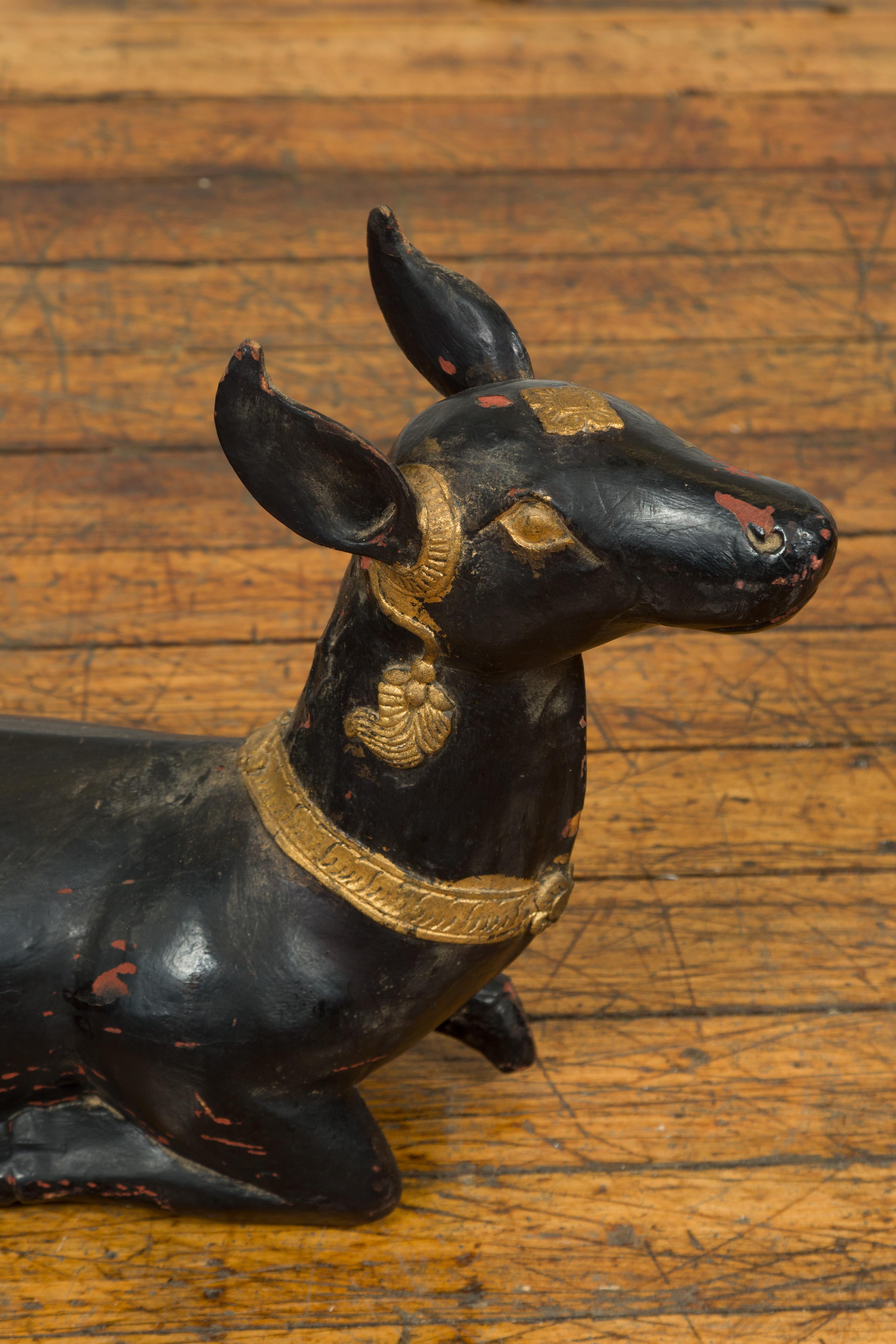 20th Century Vintage Thai Black Lacquered Goat Sculpture with Ornate Gilt Jewelry Motifs