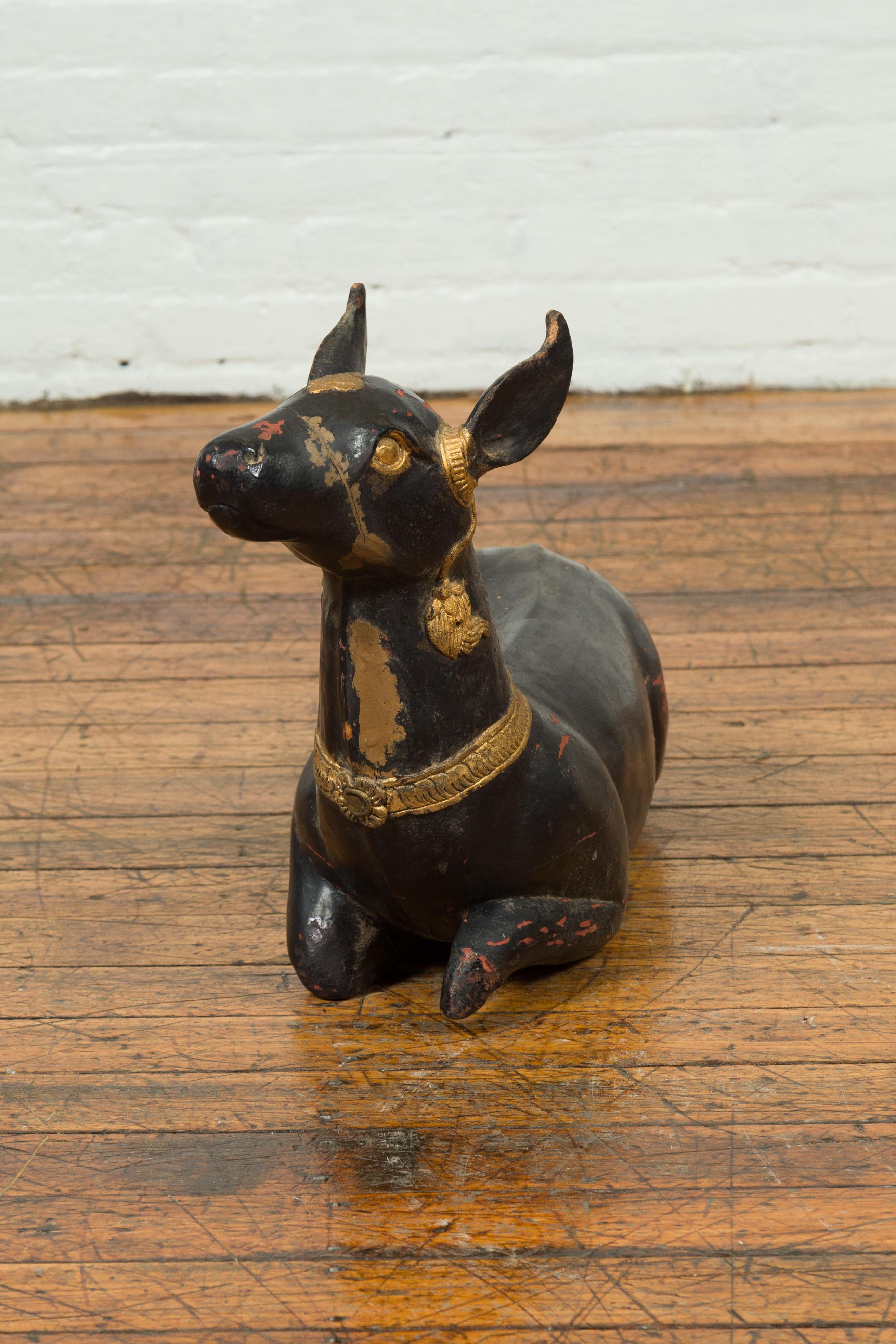 Vintage Thai Black Lacquered Goat Sculpture with Ornate Gilt Jewelry Motifs 1