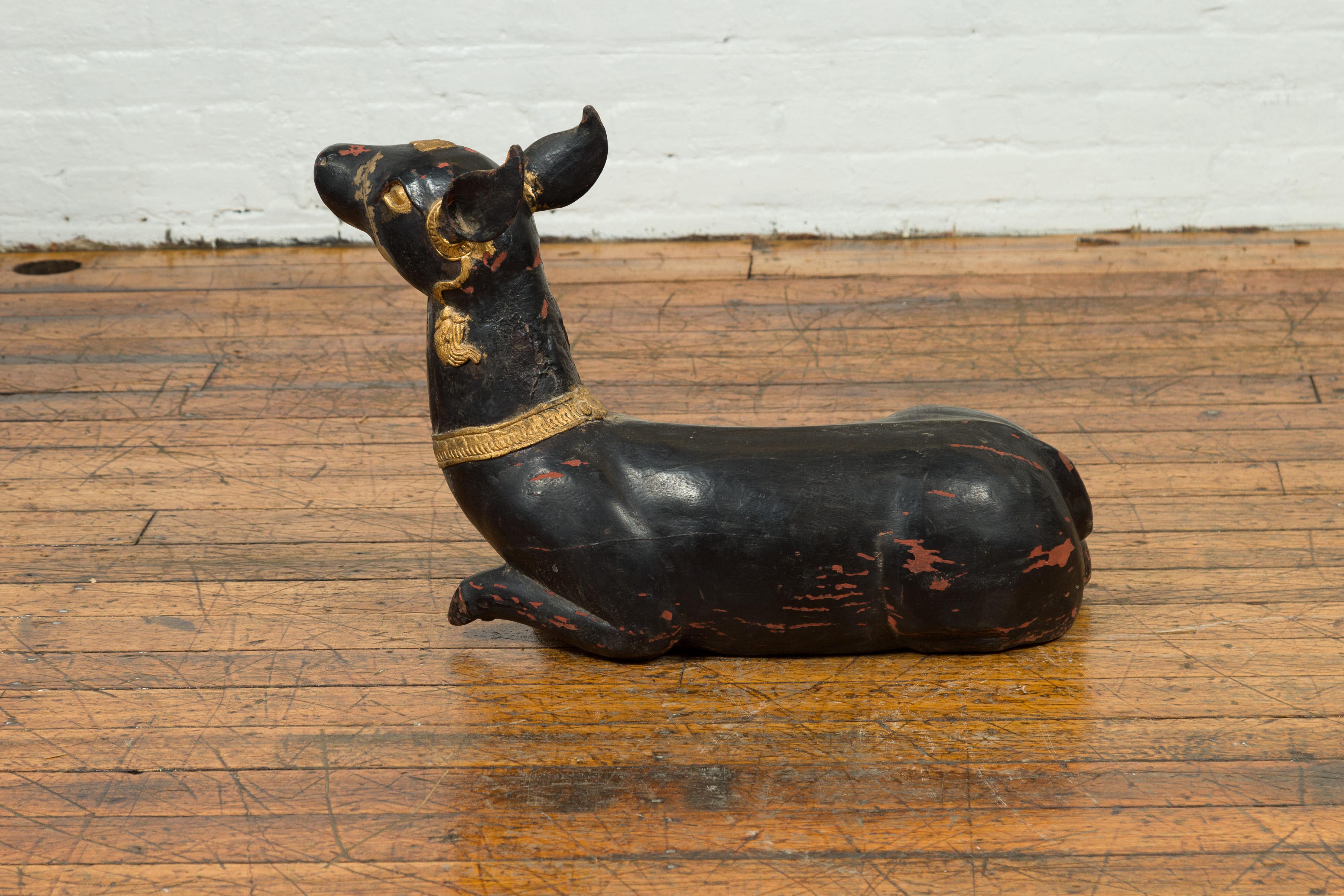 Vintage Thai Black Lacquered Goat Sculpture with Ornate Gilt Jewelry Motifs 2