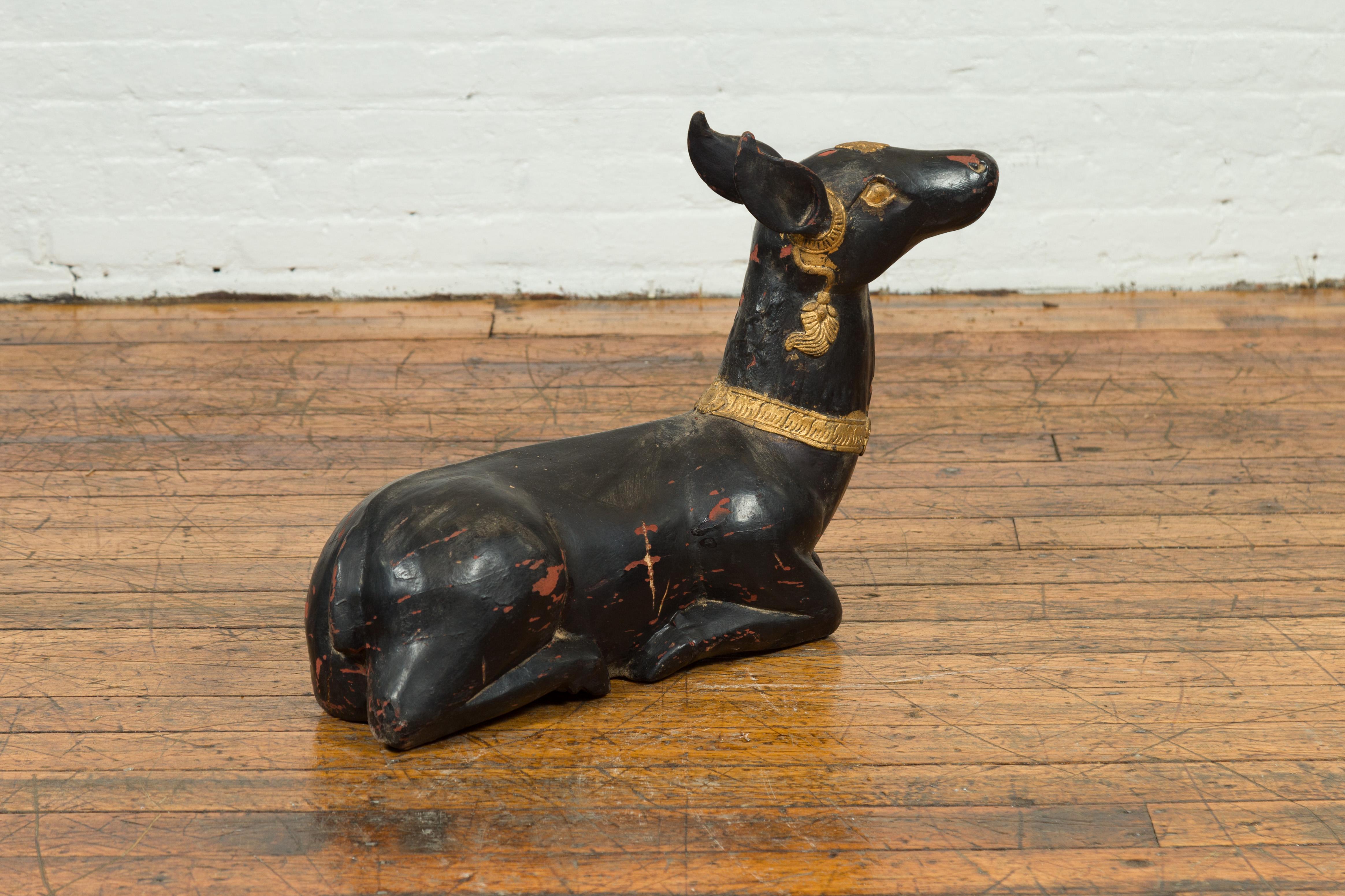 Vintage Thai Black Lacquered Goat Sculpture with Ornate Gilt Jewelry Motifs 4