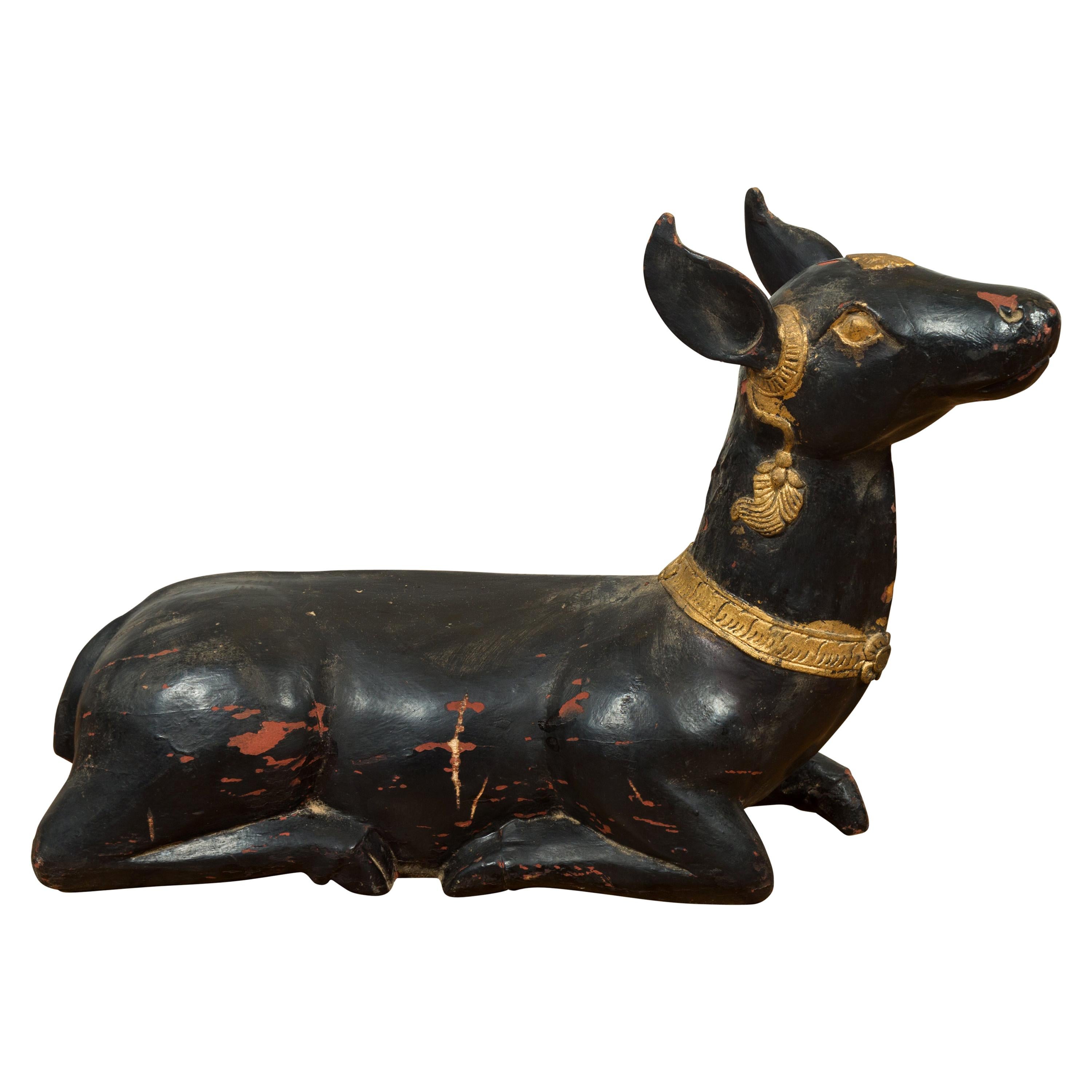 Vintage Thai Black Lacquered Goat Sculpture with Ornate Gilt Jewelry Motifs
