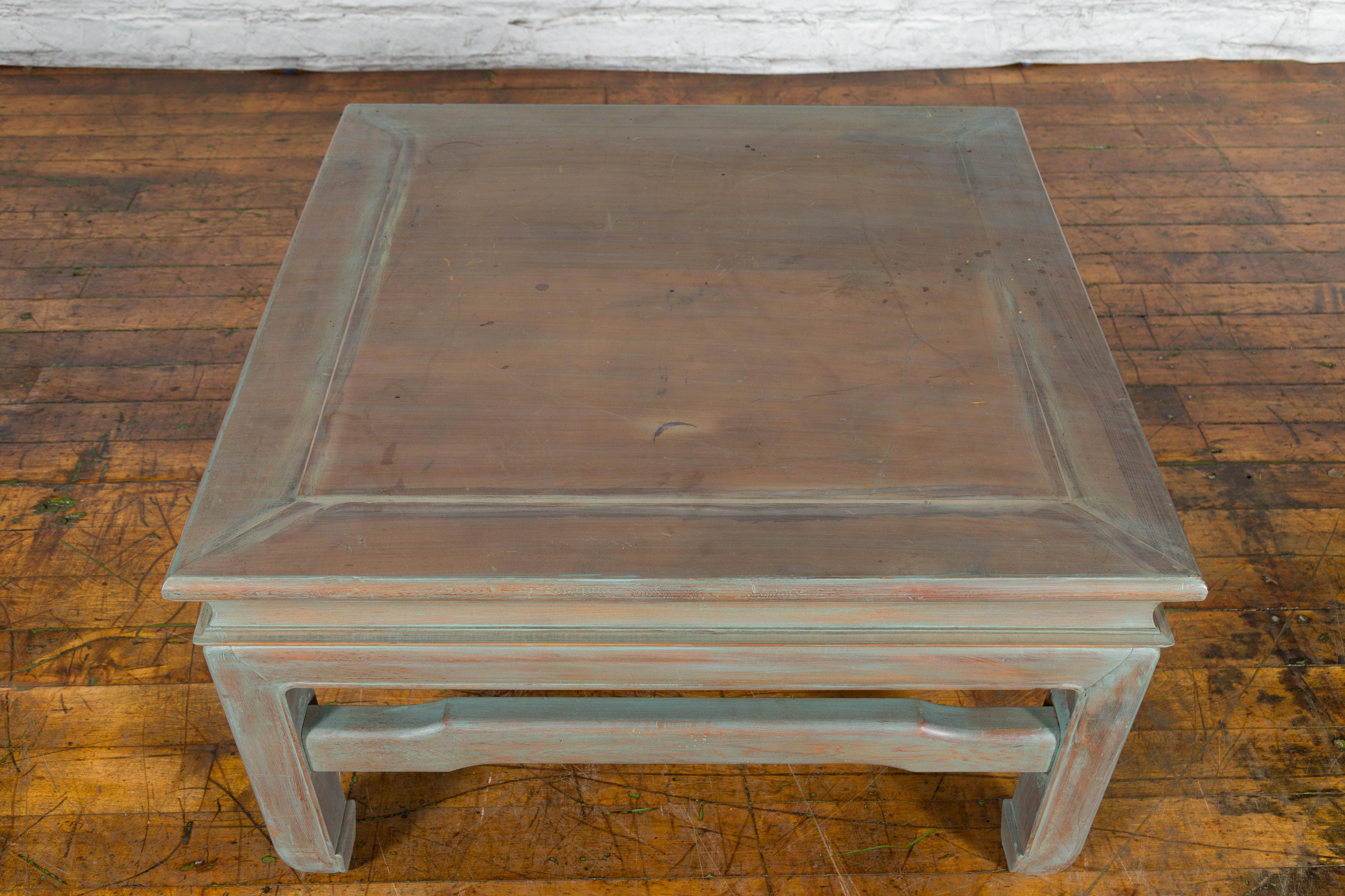 Vintage Thai Blue Washed Teakwood Waisted Coffee Table with Horse Hoof Legs For Sale 6