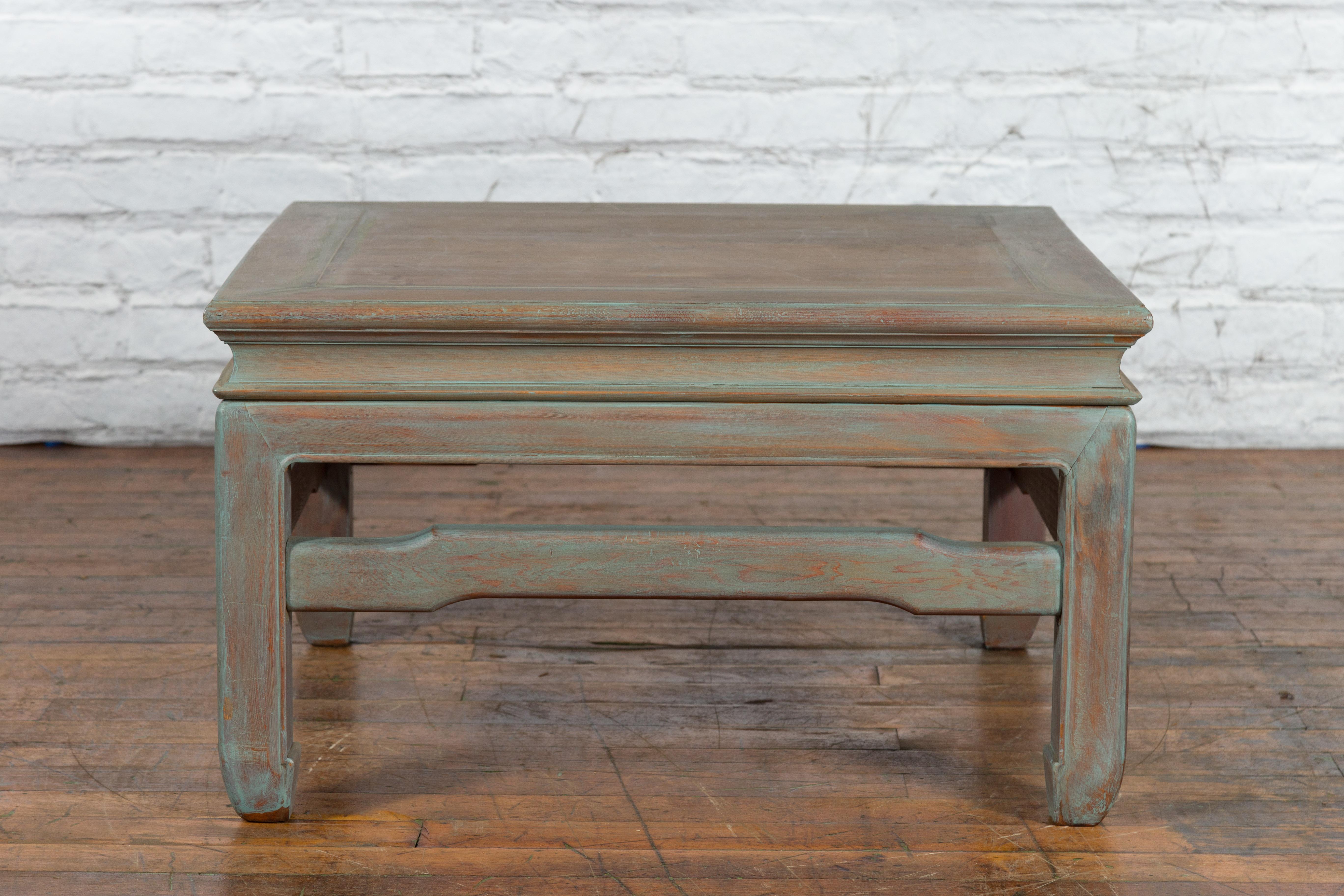 Vintage Thai Blue Washed Teakwood Waisted Coffee Table with Horse Hoof Legs In Good Condition For Sale In Yonkers, NY