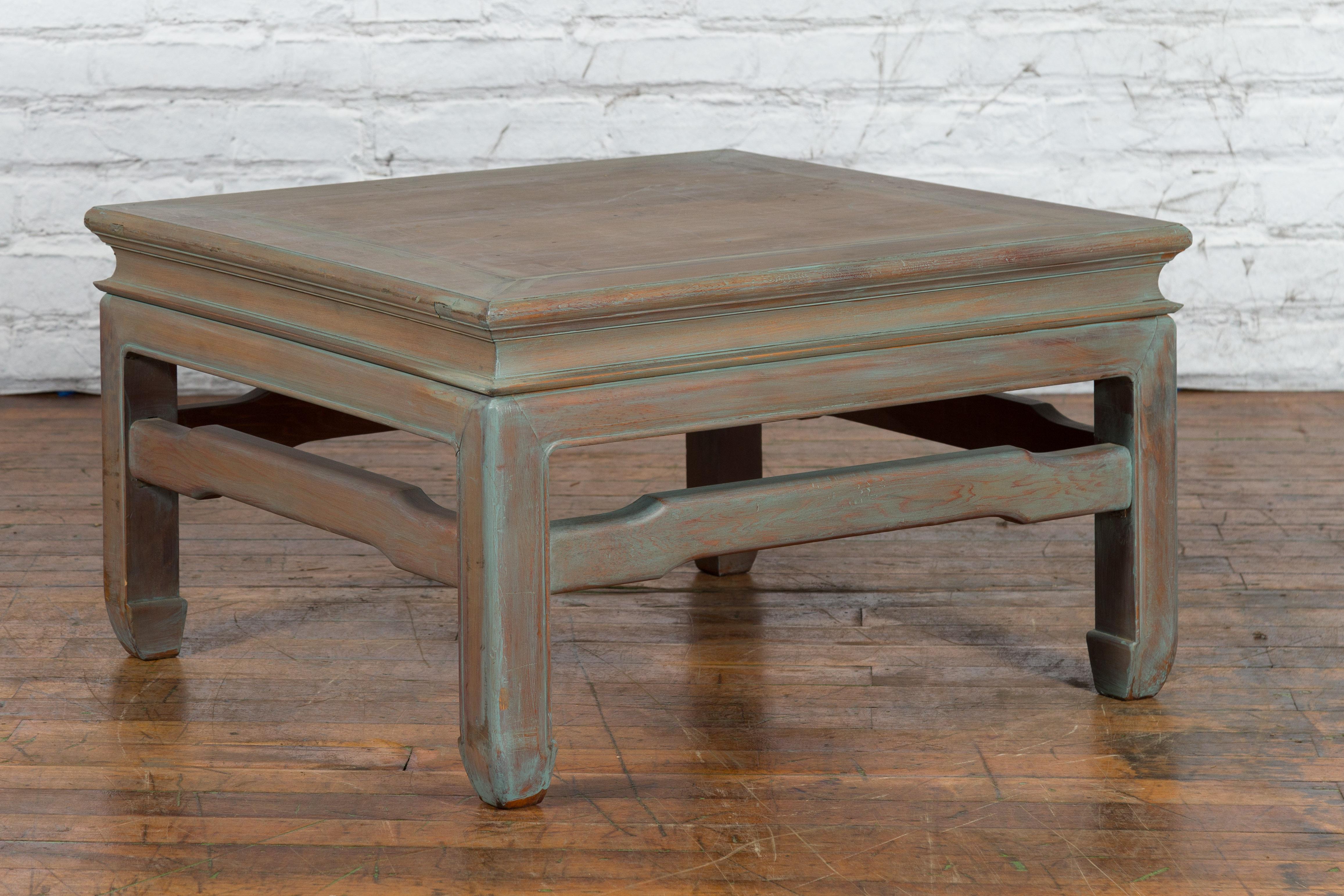 Vintage Thai Blue Washed Teakwood Waisted Coffee Table with Horse Hoof Legs For Sale 2