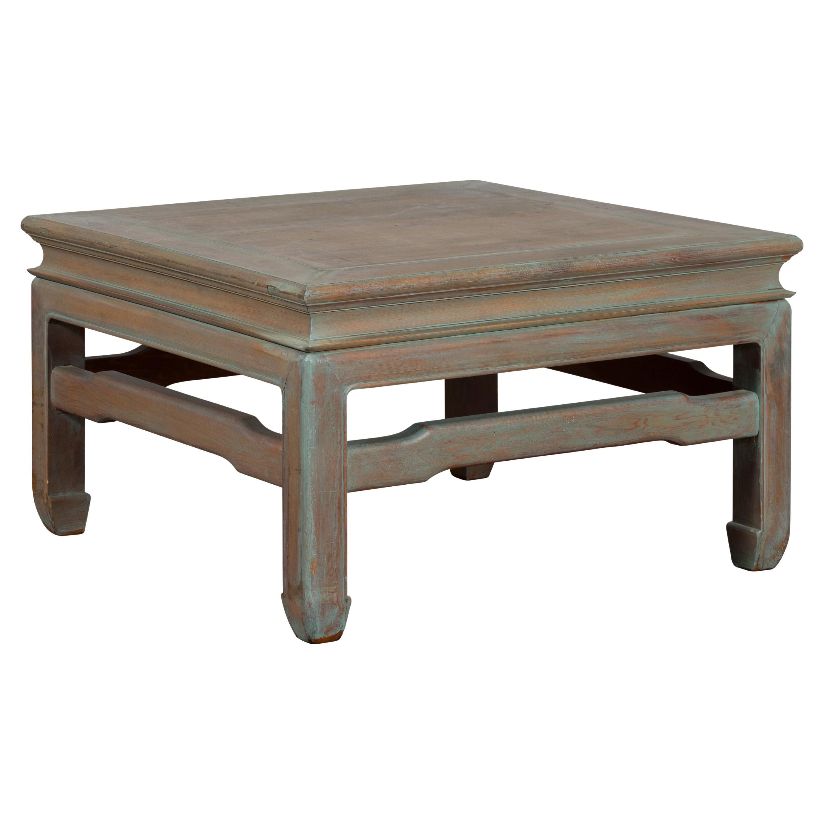 Vintage Thai Blue Washed Teakwood Waisted Coffee Table with Horse Hoof Legs For Sale