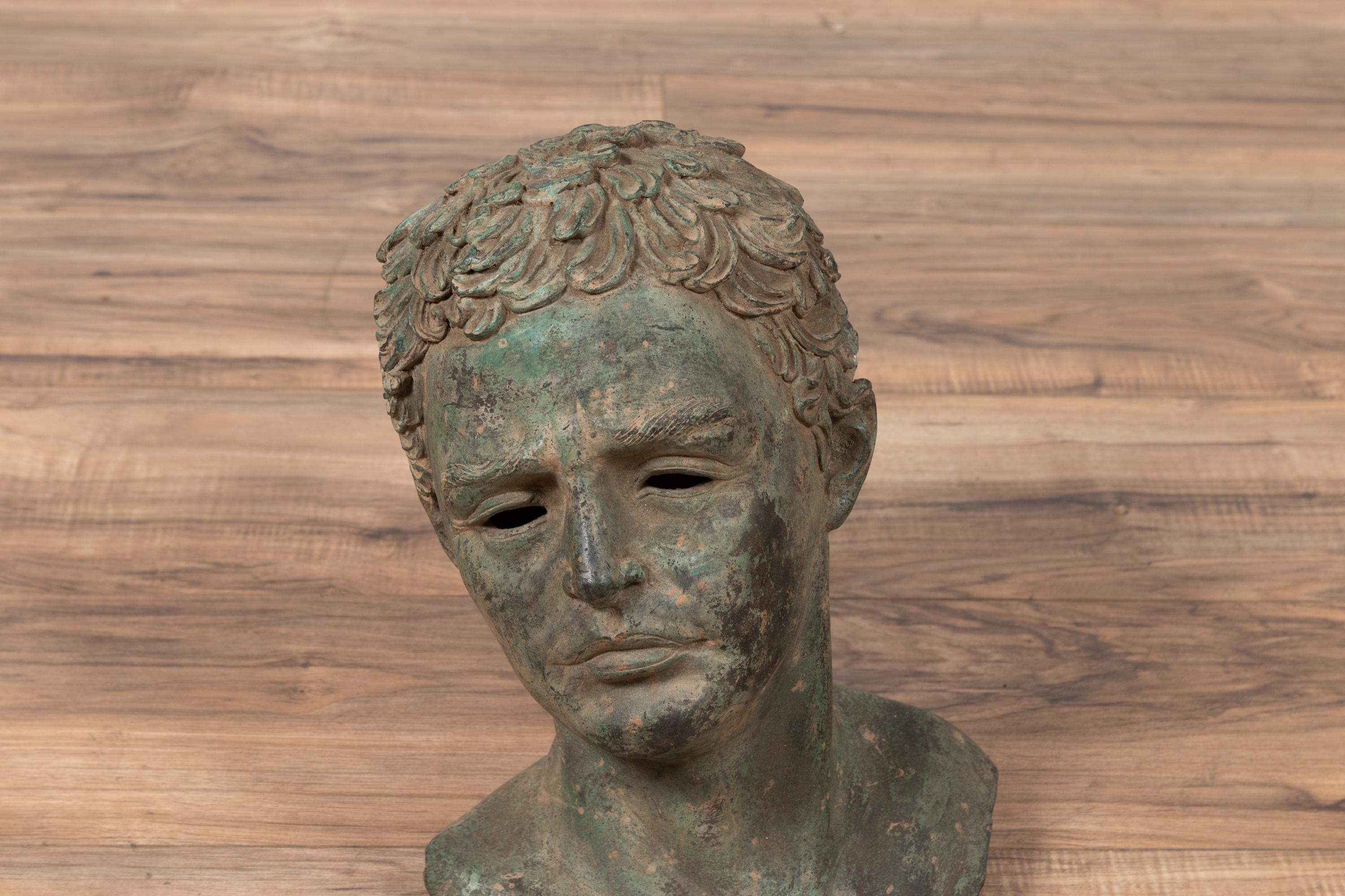 Patinated Vintage Thai Bronze Classical Bust of a Roman Philosopher with Verdigris Patina