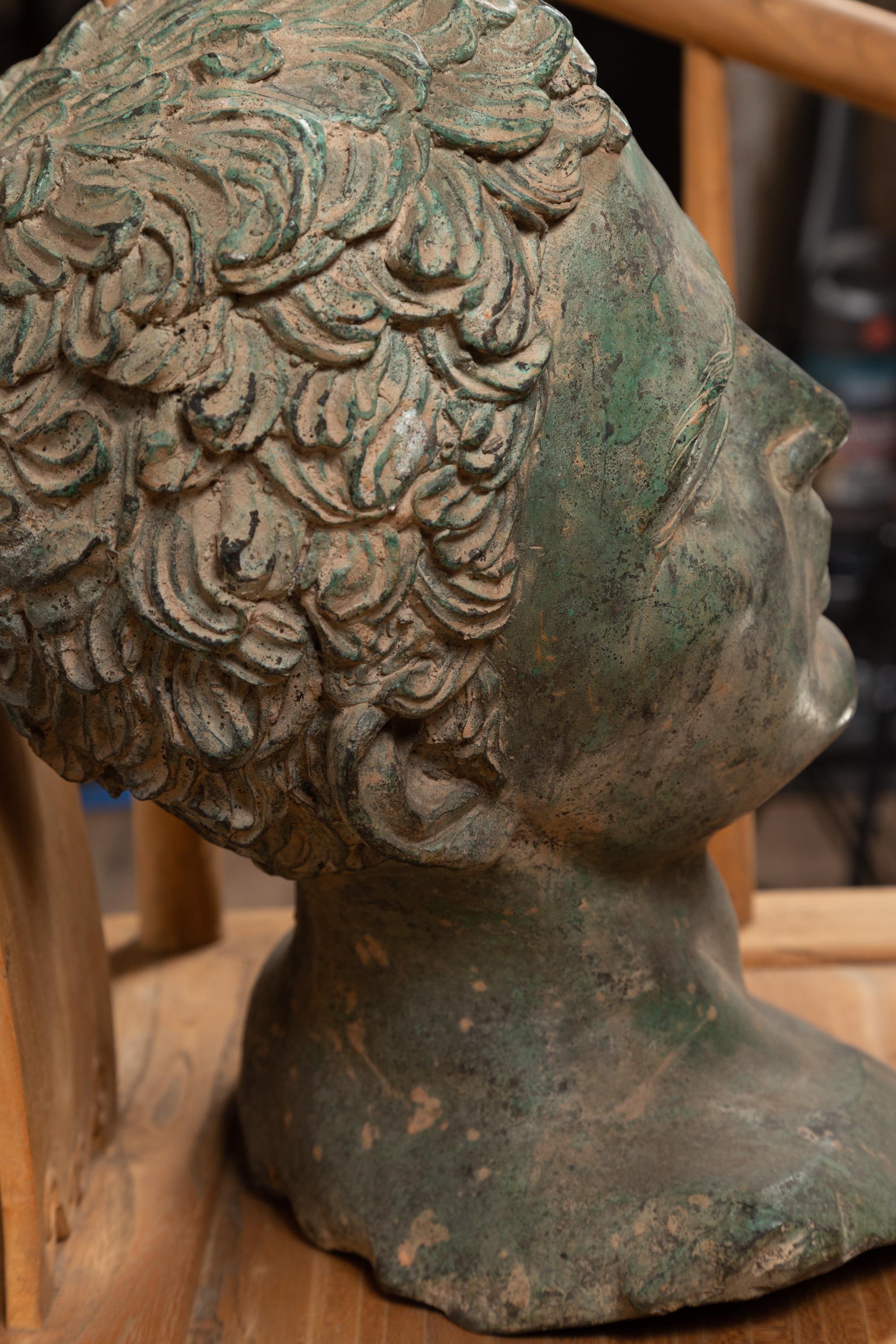 Vintage Thai Bronze Classical Bust of a Roman Philosopher with Verdigris Patina 2