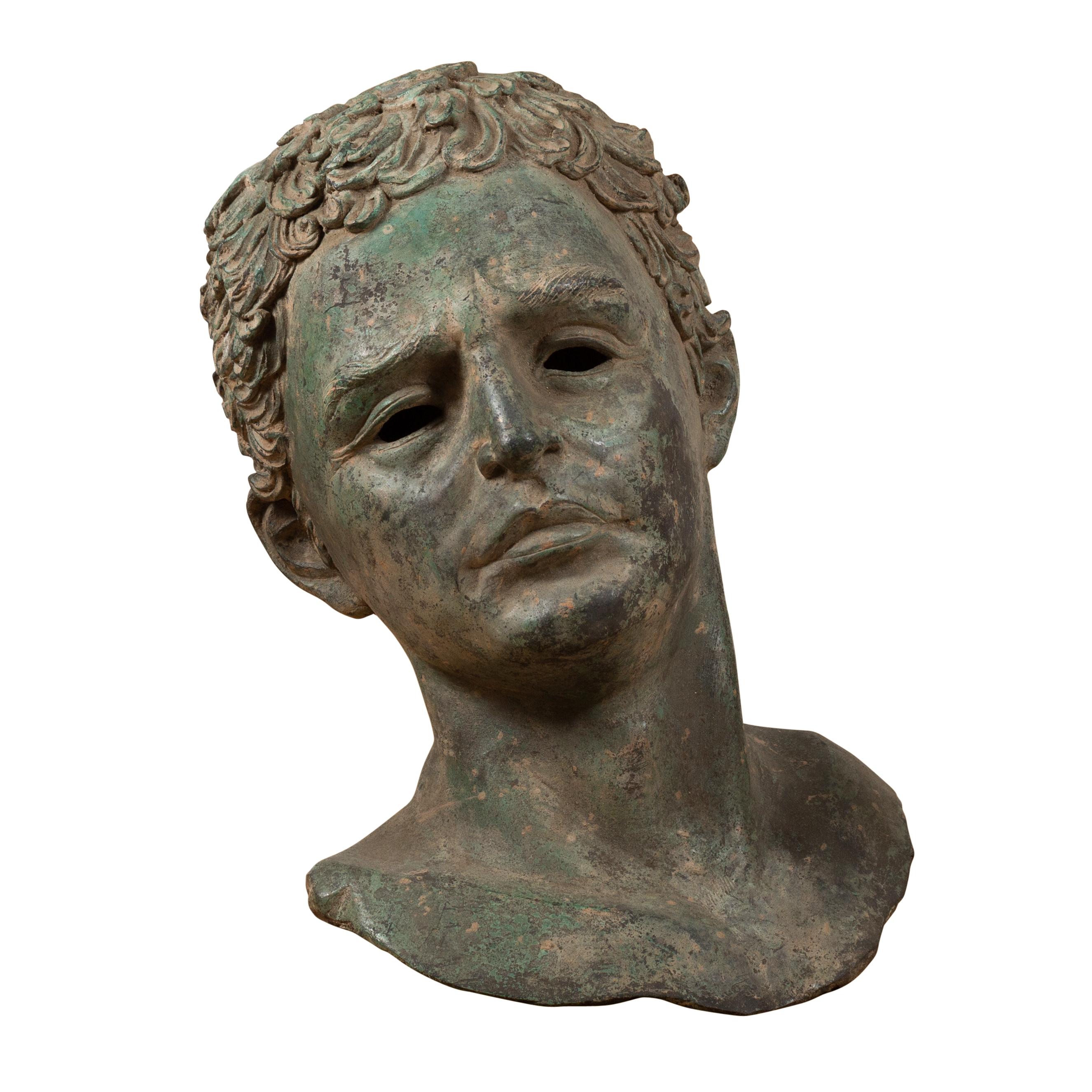 Vintage Thai Bronze Classical Bust of a Roman Philosopher with Verdigris Patina