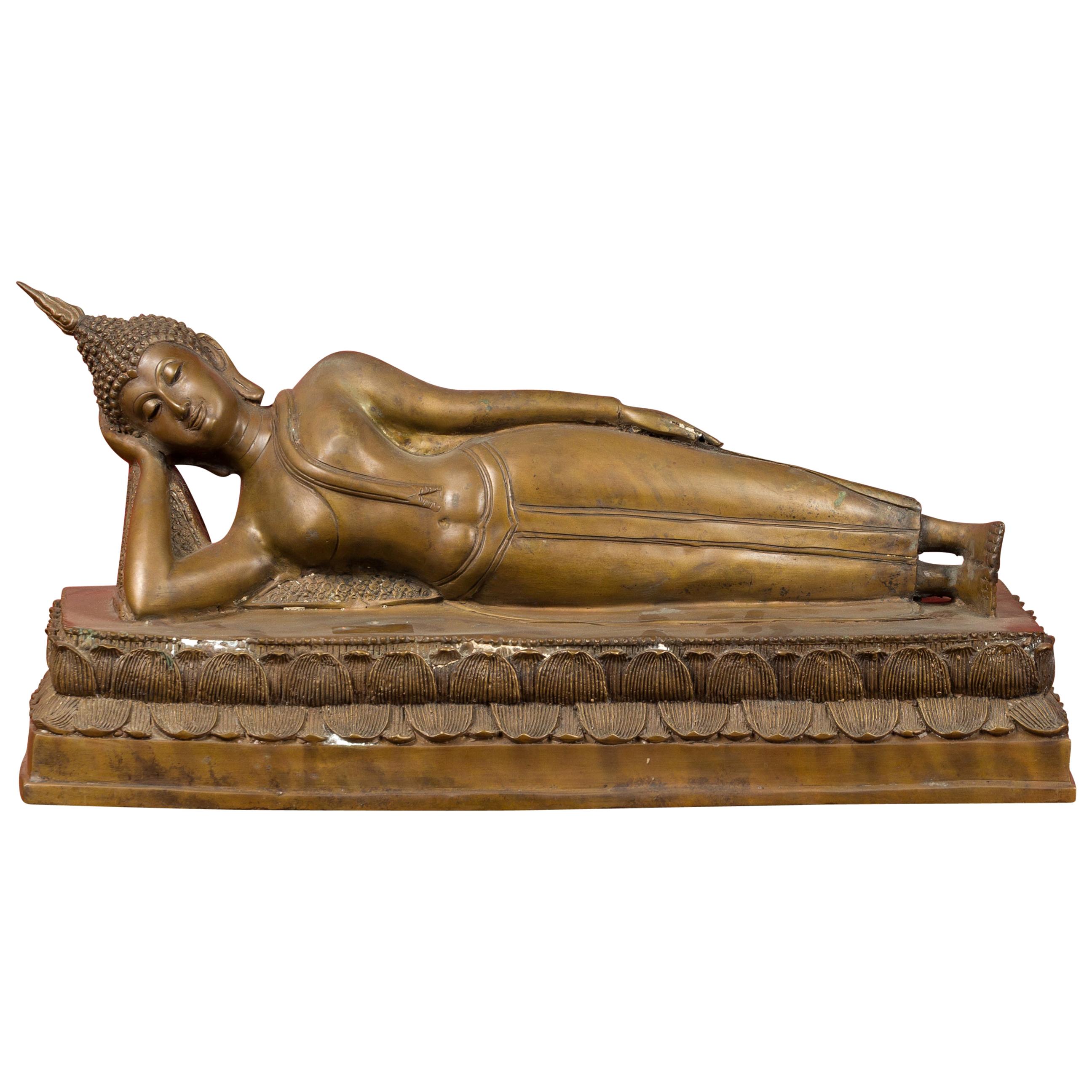 Vintage Thai Bronze Reclining Buddha Sculpture on Base with Lost Wax Technique