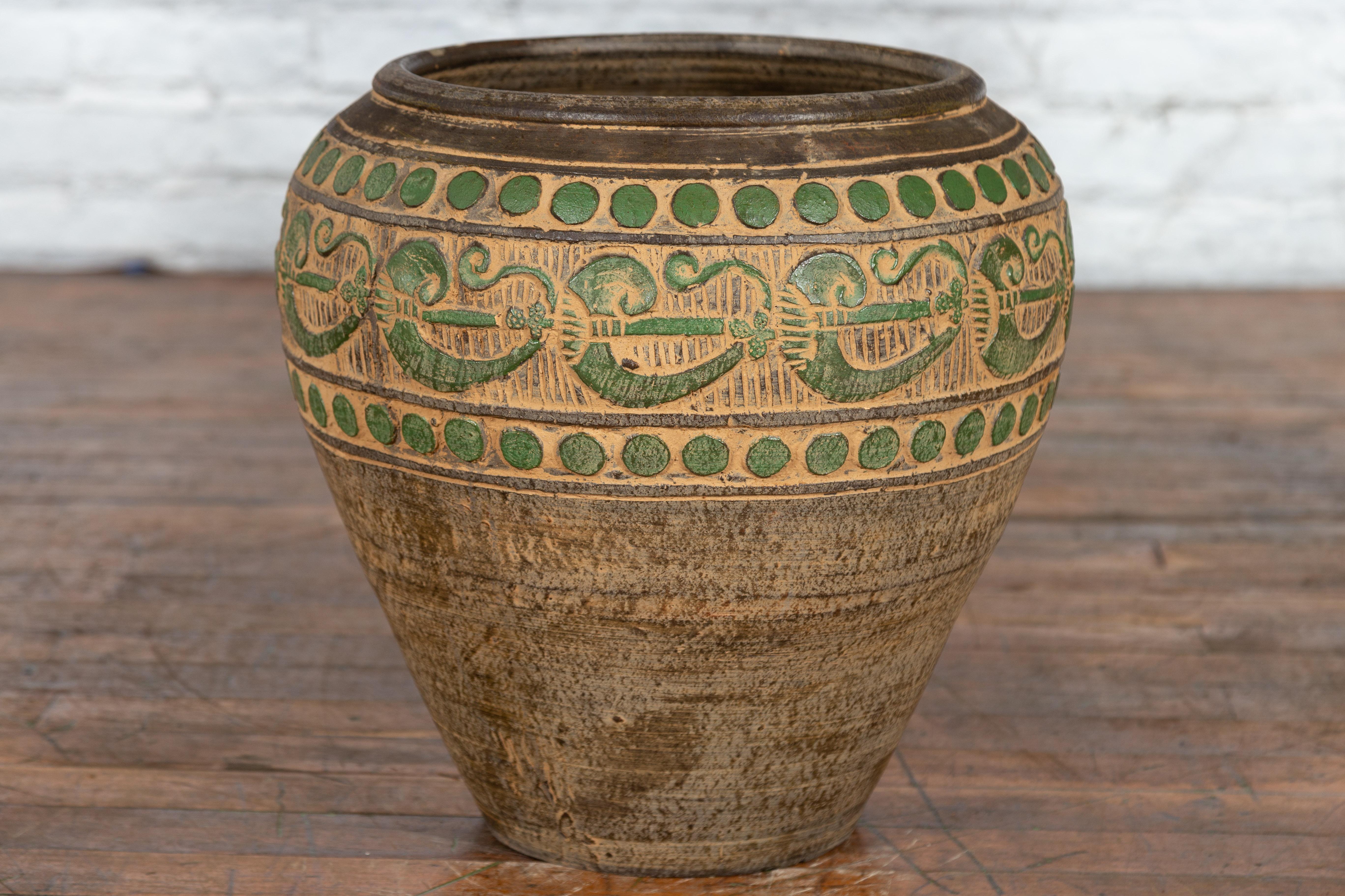 Vintage Thai Brown Ceramic Jar with Green Scrolling and Spherical Accents For Sale 5