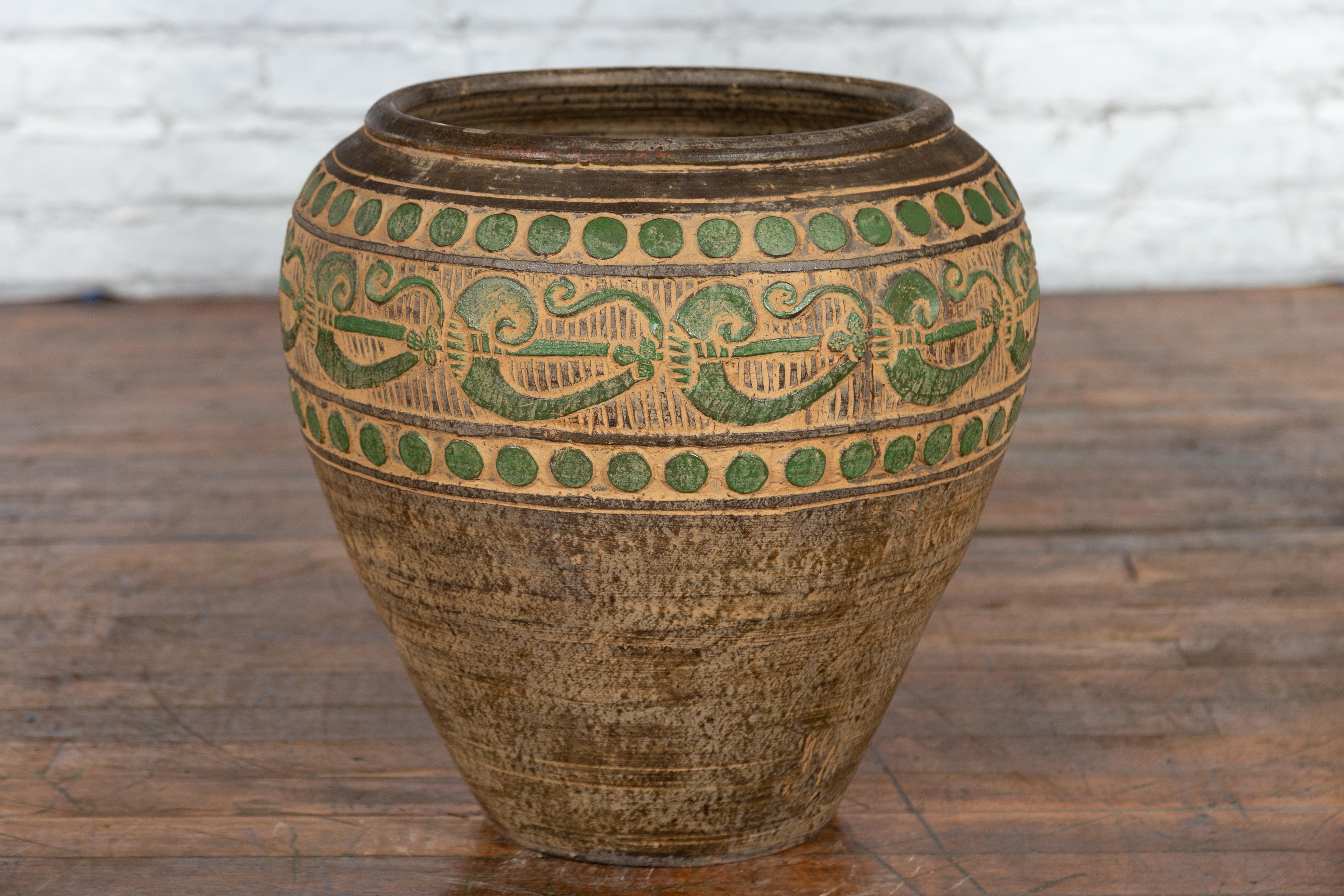 Vintage Thai Brown Ceramic Jar with Green Scrolling and Spherical Accents For Sale 6