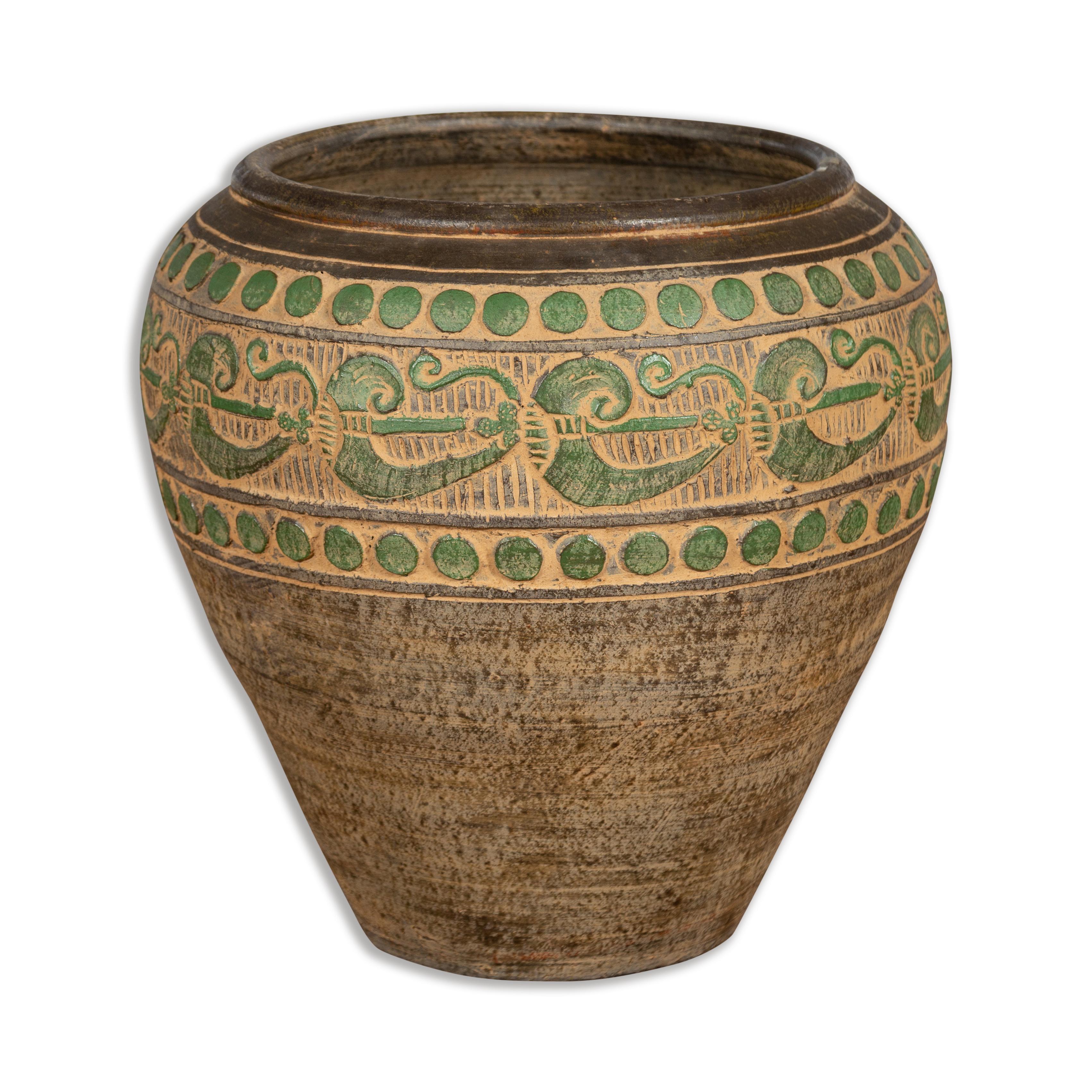 Vintage Thai Brown Ceramic Jar with Green Scrolling and Spherical Accents For Sale 10