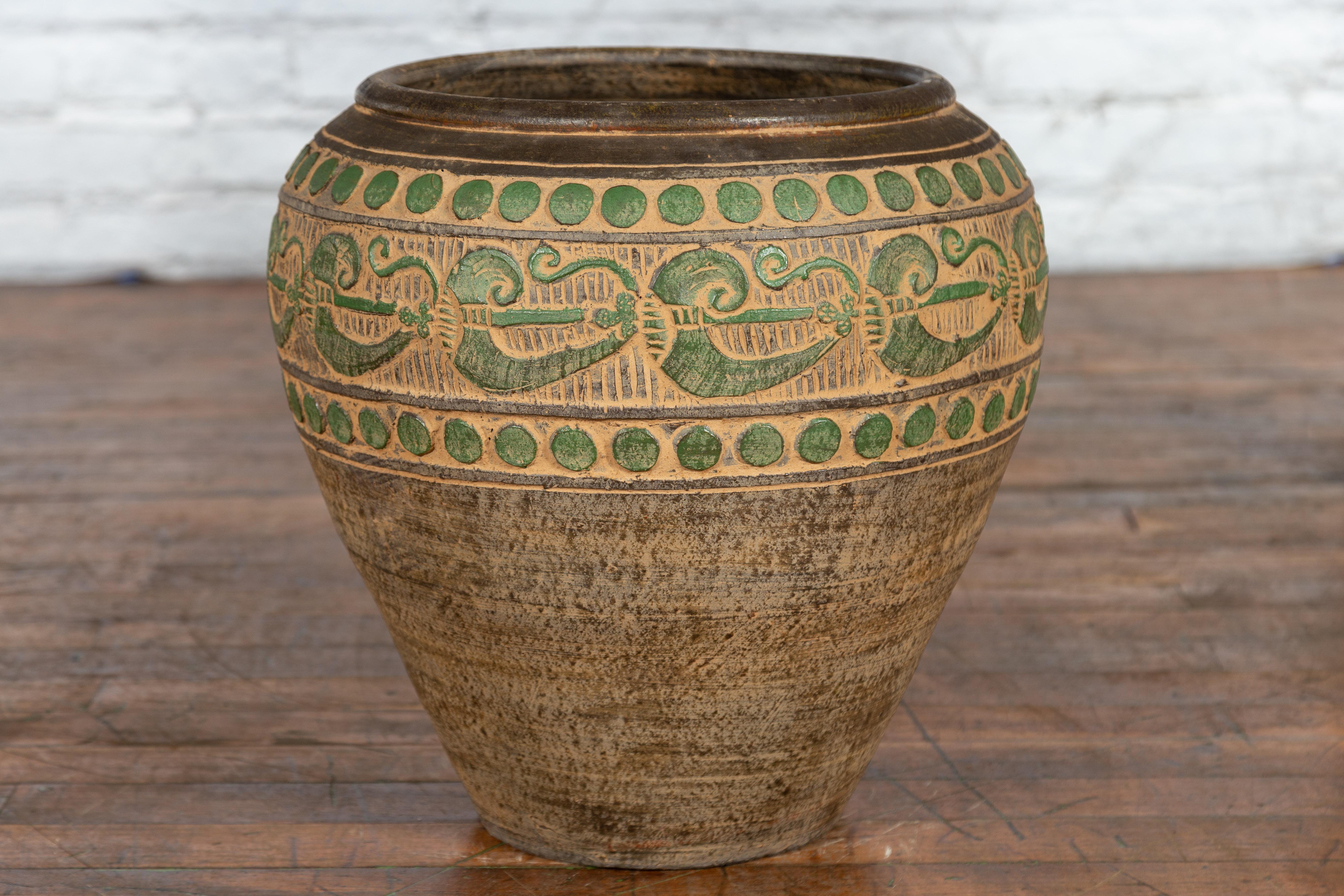 Vintage Thai Brown Ceramic Jar with Green Scrolling and Spherical Accents In Good Condition For Sale In Yonkers, NY