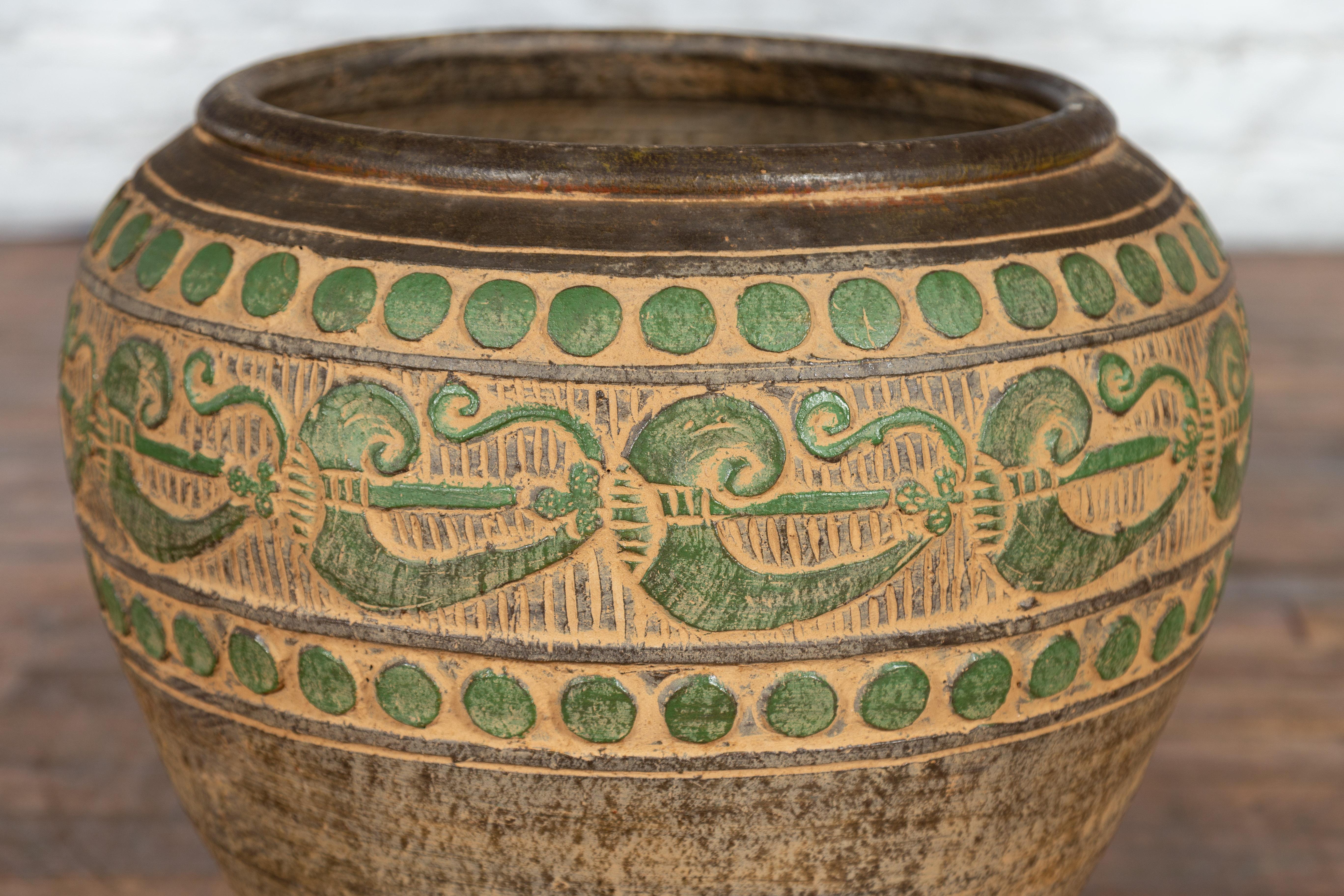 20th Century Vintage Thai Brown Ceramic Jar with Green Scrolling and Spherical Accents For Sale