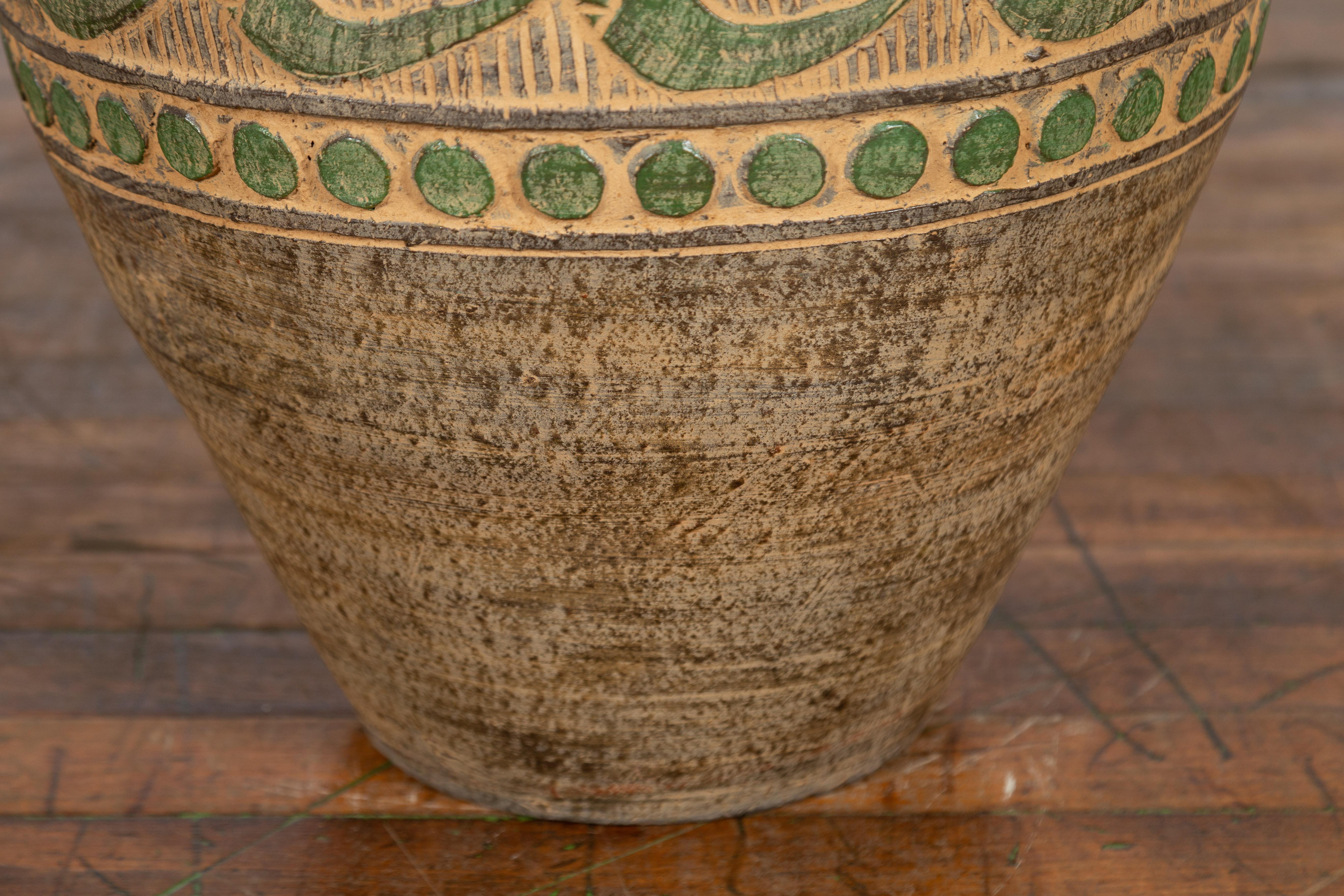 Vintage Thai Brown Ceramic Jar with Green Scrolling and Spherical Accents For Sale 1