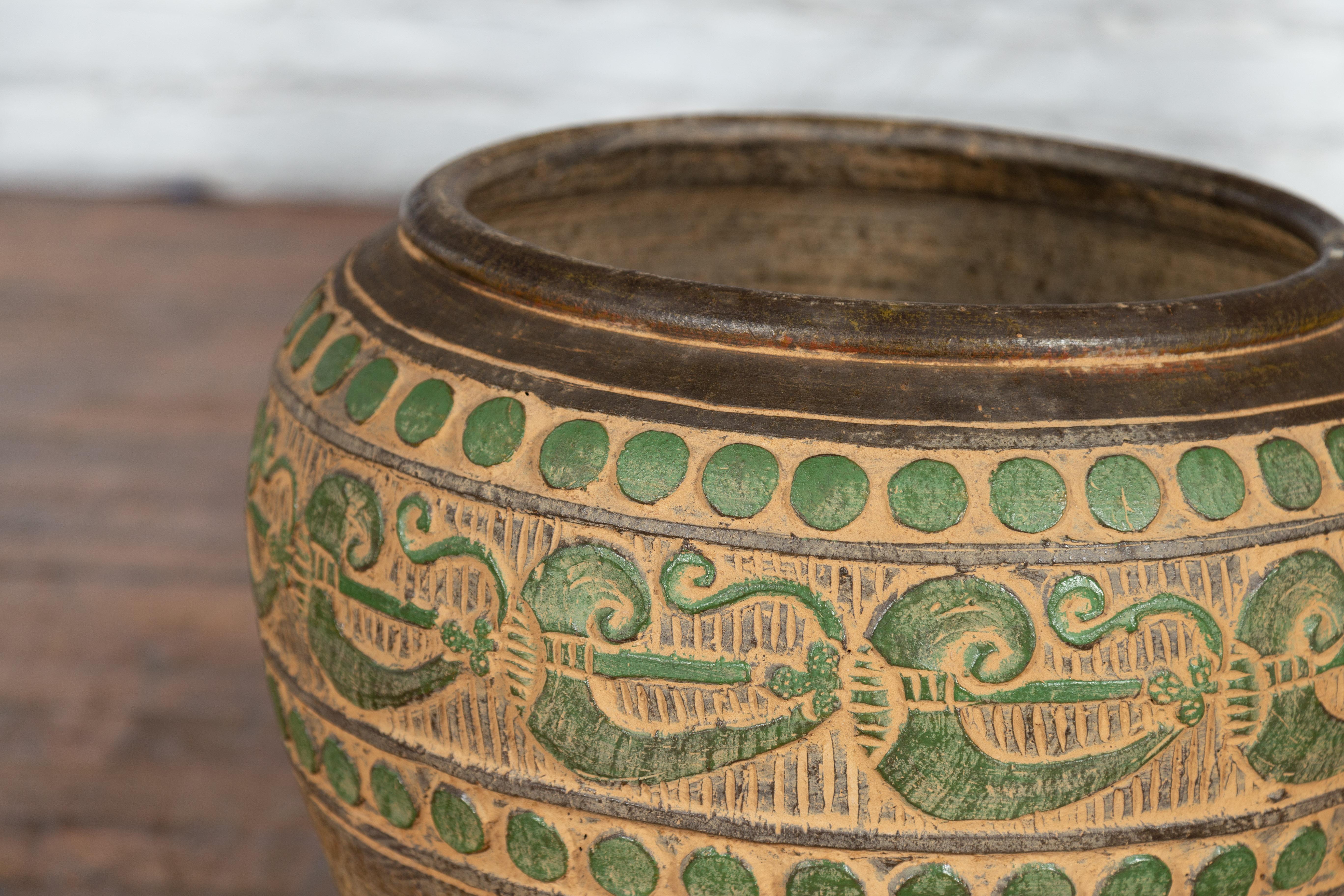 Vintage Thai Brown Ceramic Jar with Green Scrolling and Spherical Accents For Sale 2