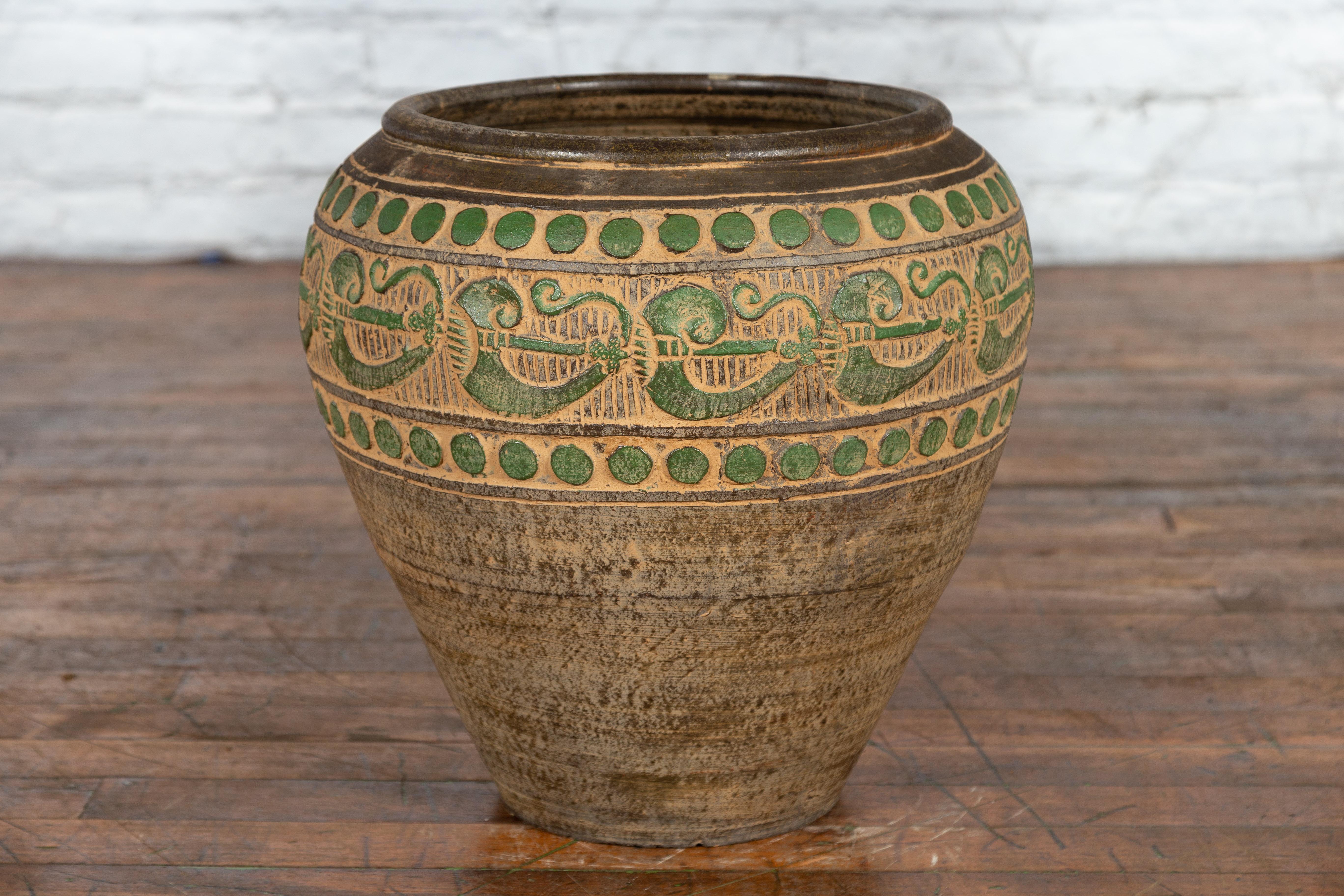 Vintage Thai Brown Ceramic Jar with Green Scrolling and Spherical Accents For Sale 4