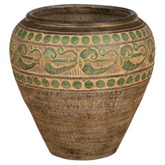 Retro Thai Brown Ceramic Jar with Green Scrolling and Spherical Accents
