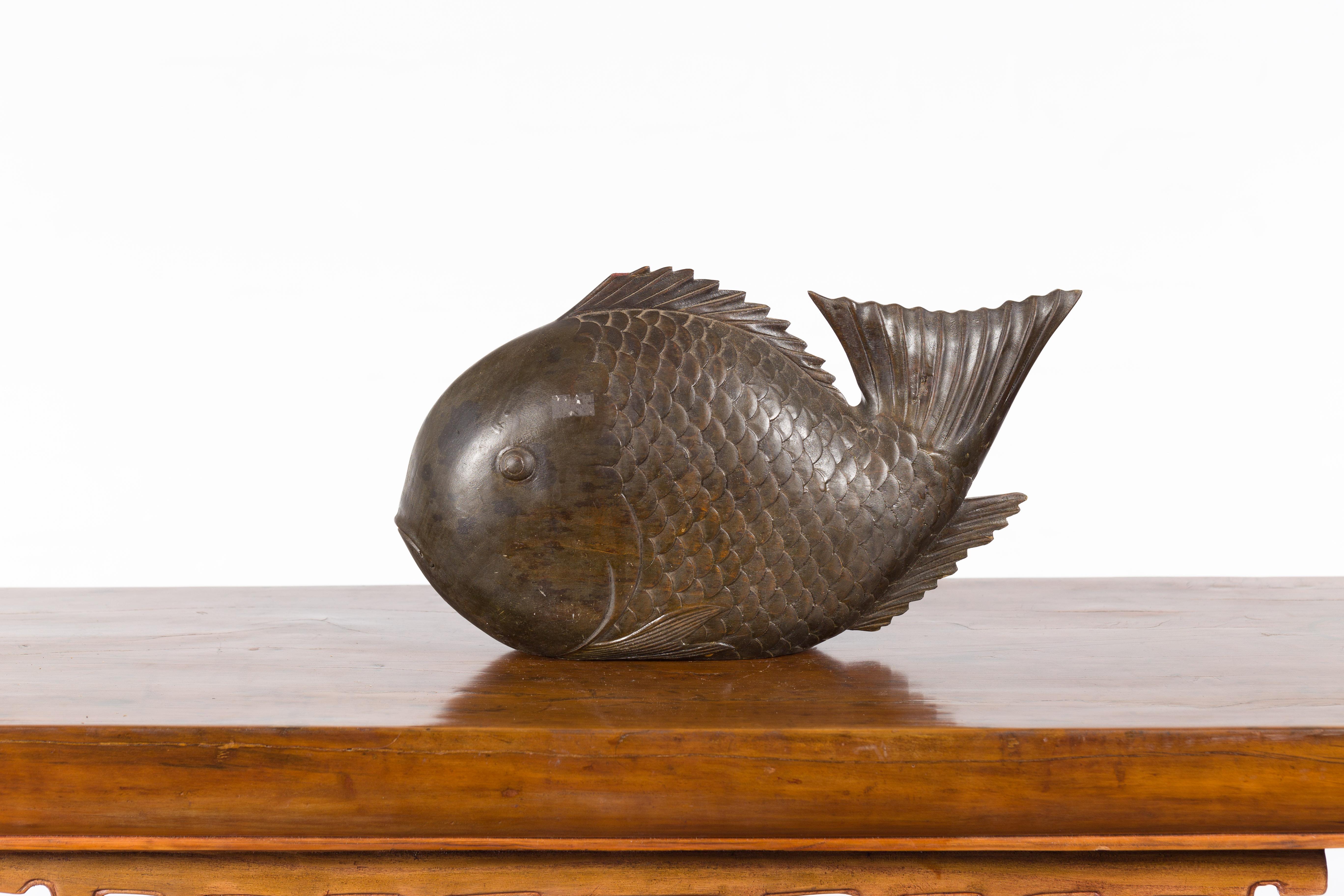 Vintage Thai Carved Wooden Carp Sculpture with Detailed Scales and Dark Patina 6