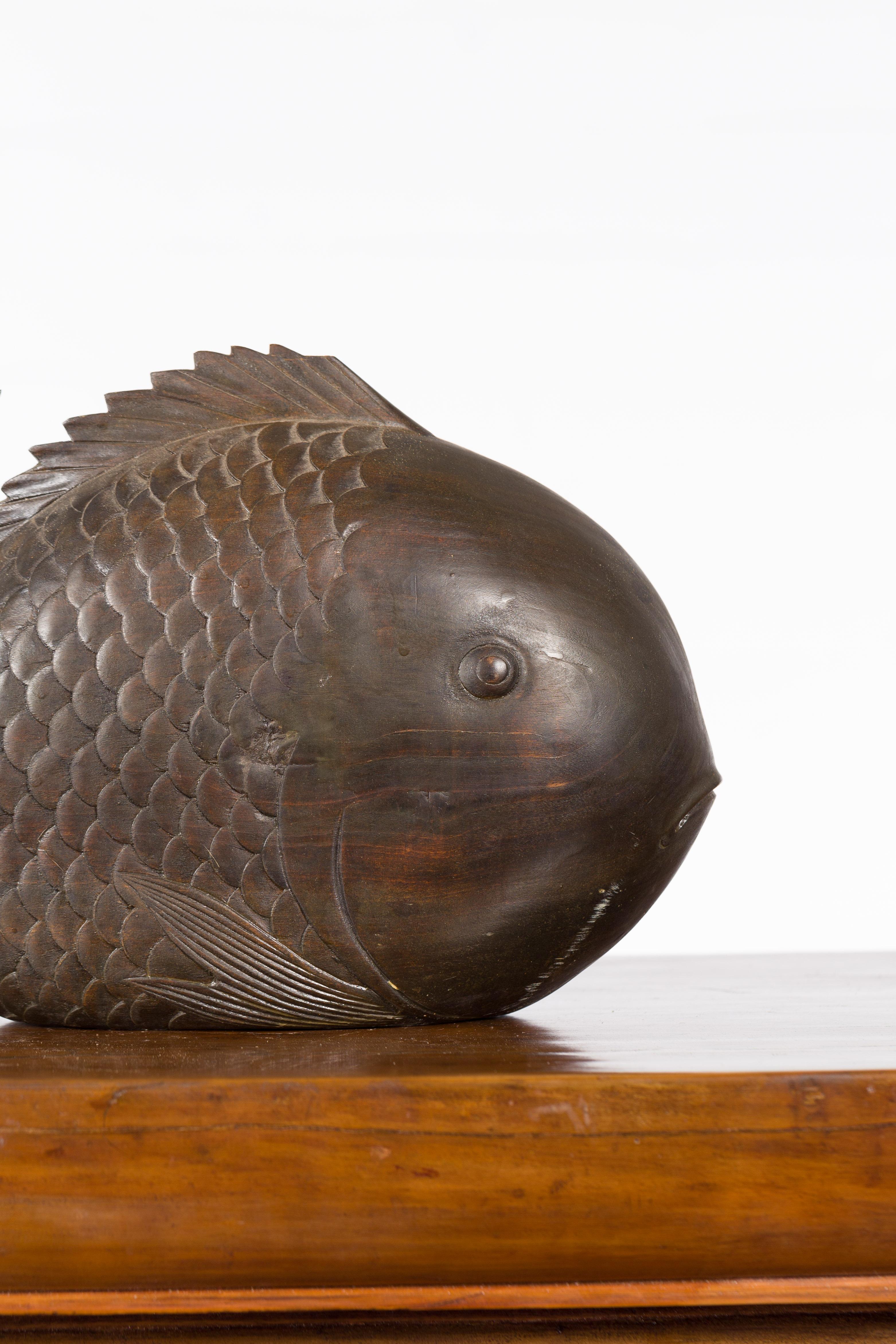 Vintage Thai Carved Wooden Carp Sculpture with Detailed Scales and Dark Patina 2