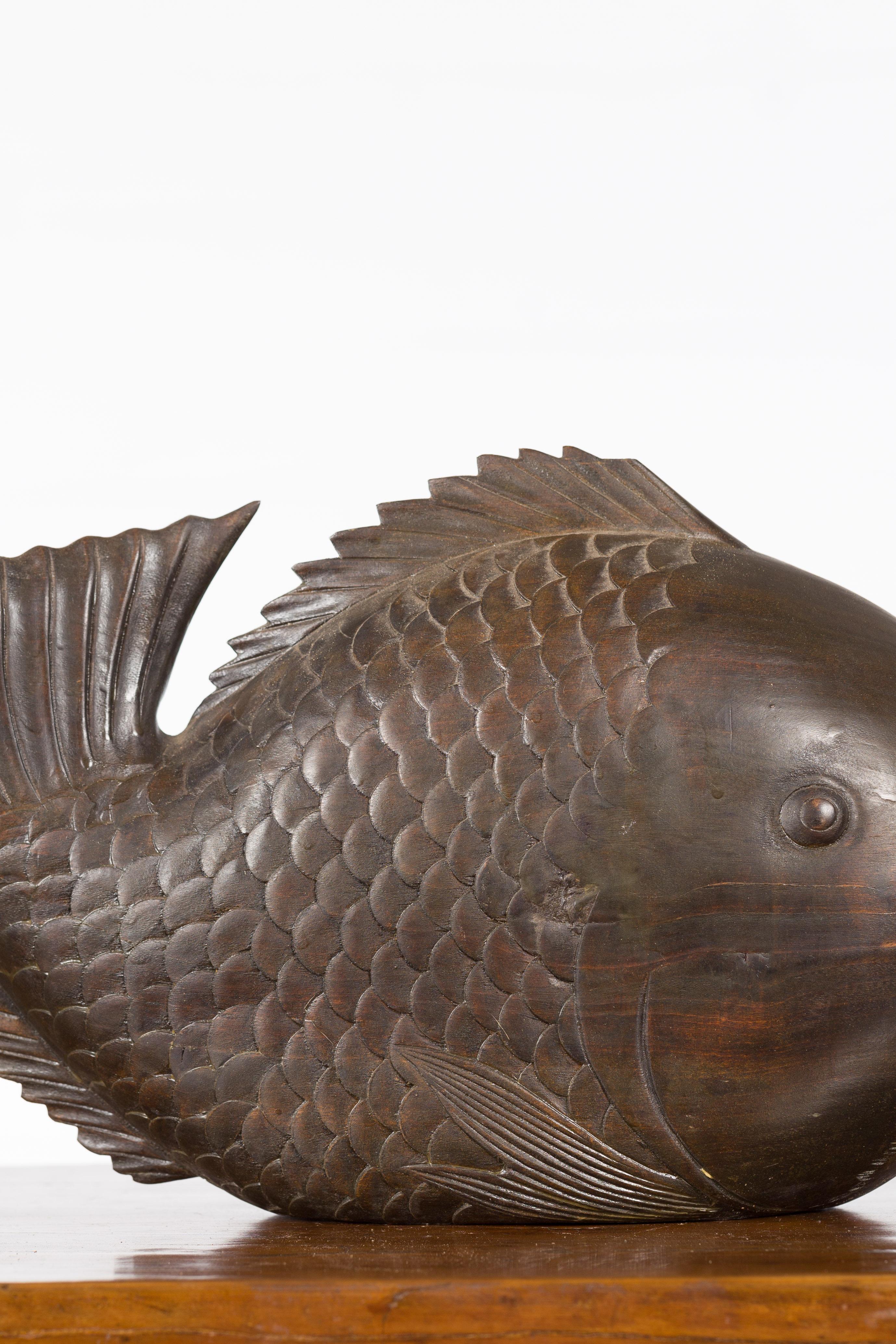 Vintage Thai Carved Wooden Carp Sculpture with Detailed Scales and Dark Patina 3