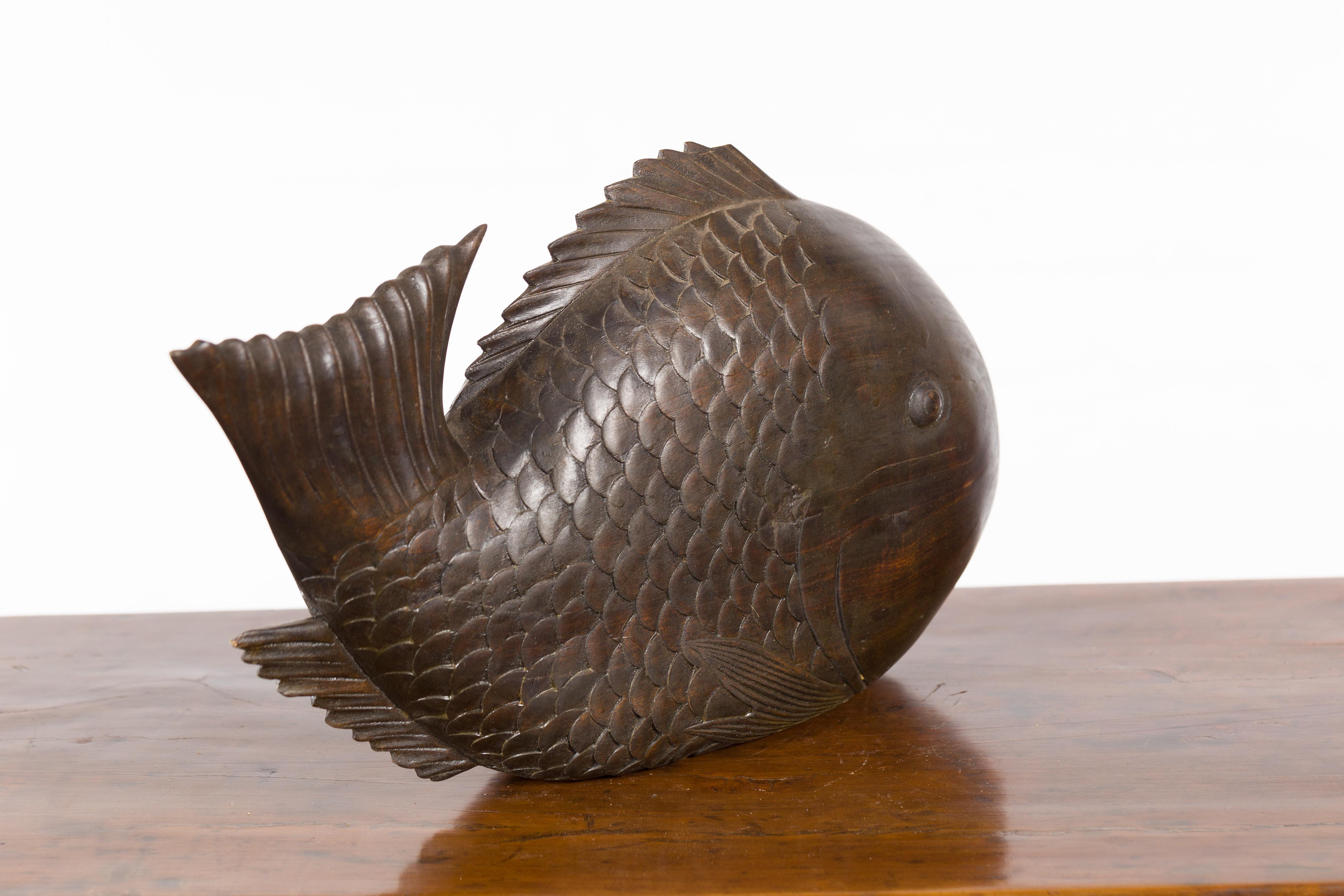 Vintage Thai Carved Wooden Carp Sculpture with Detailed Scales and Dark Patina 4