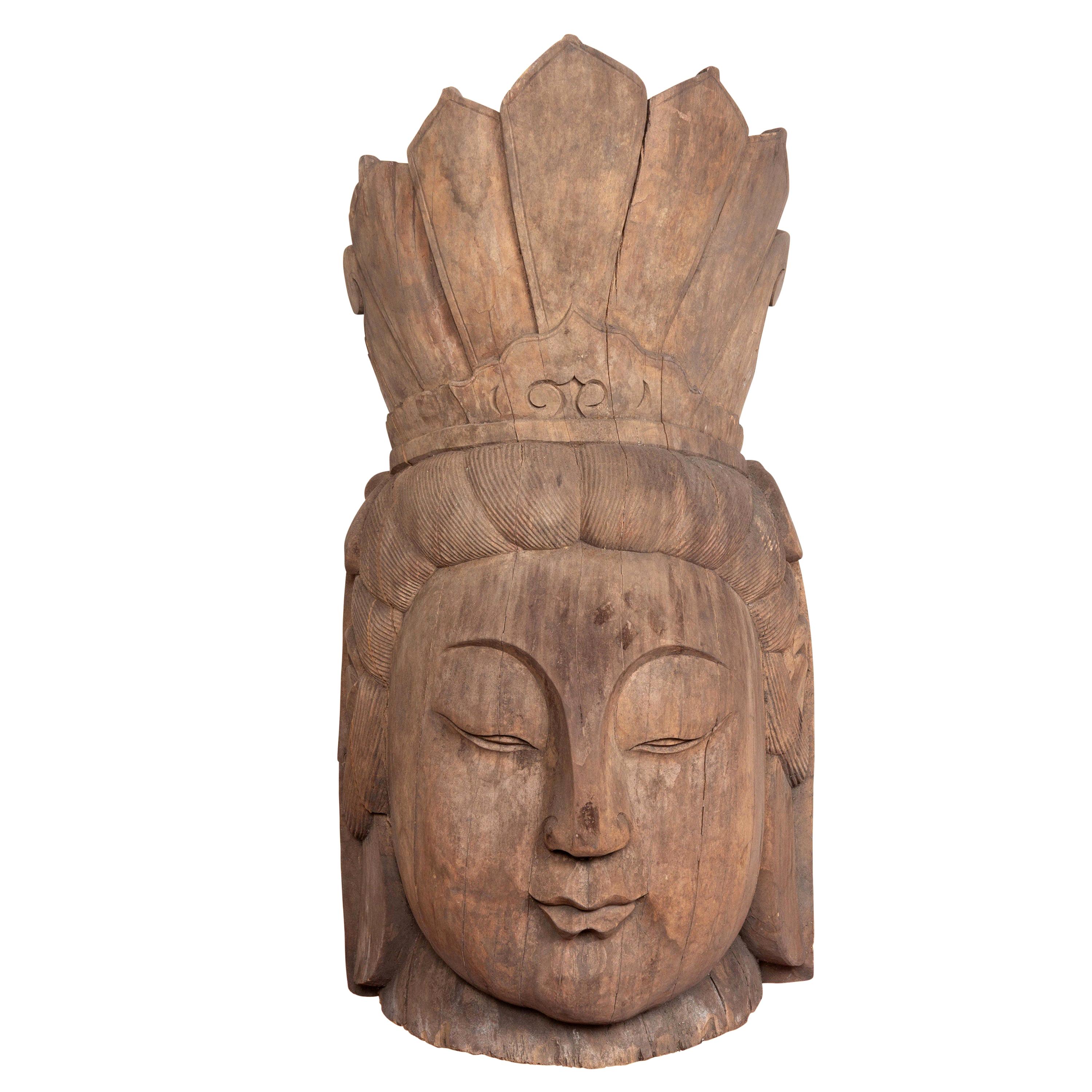 Vintage Thai Carved Wooden Head Sculpture of Guanyin, Bodhisattva of Compassion