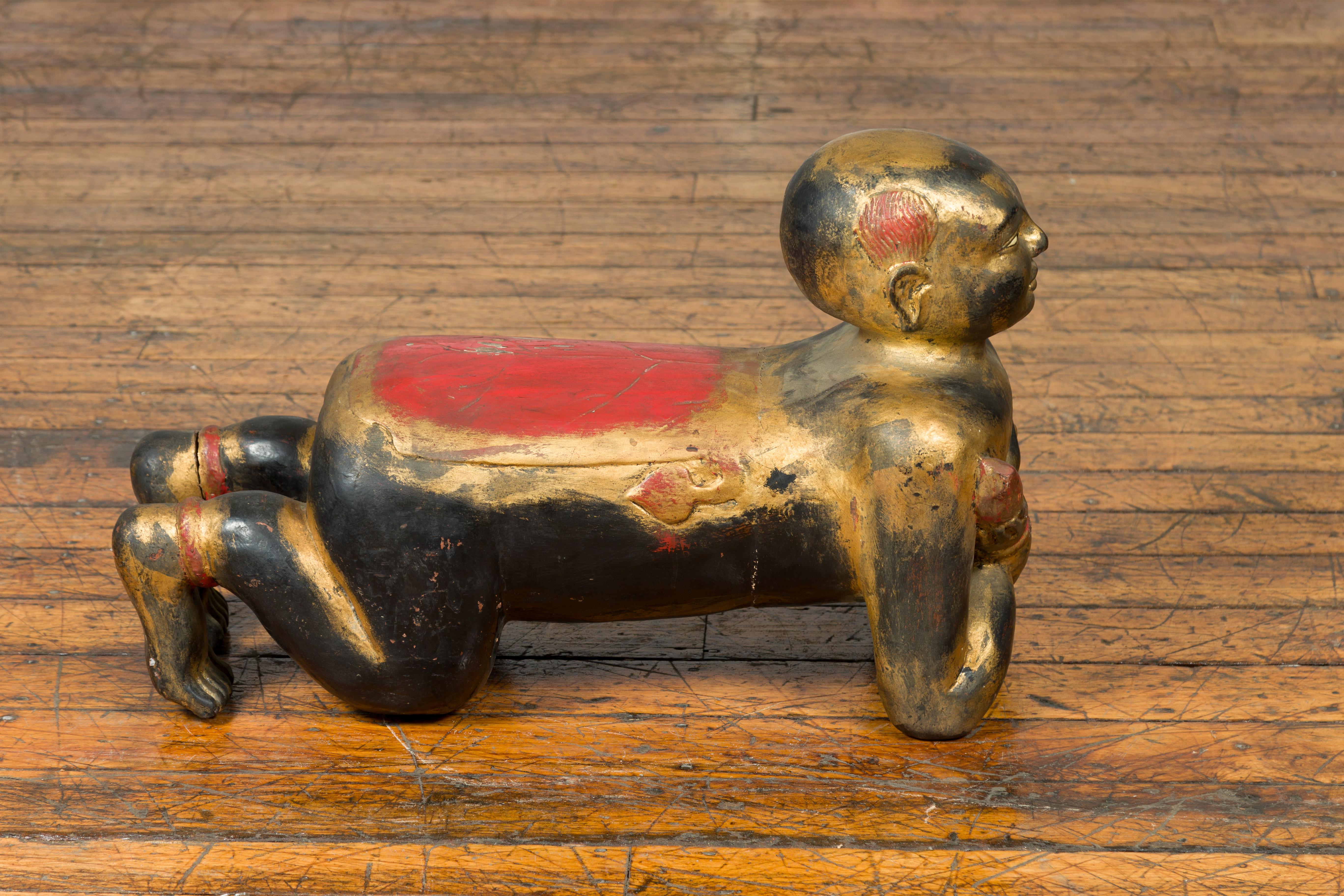 Vintage Thai Ceremonial Gilt Carved Temple Guardian with Black and Red Patina For Sale 2