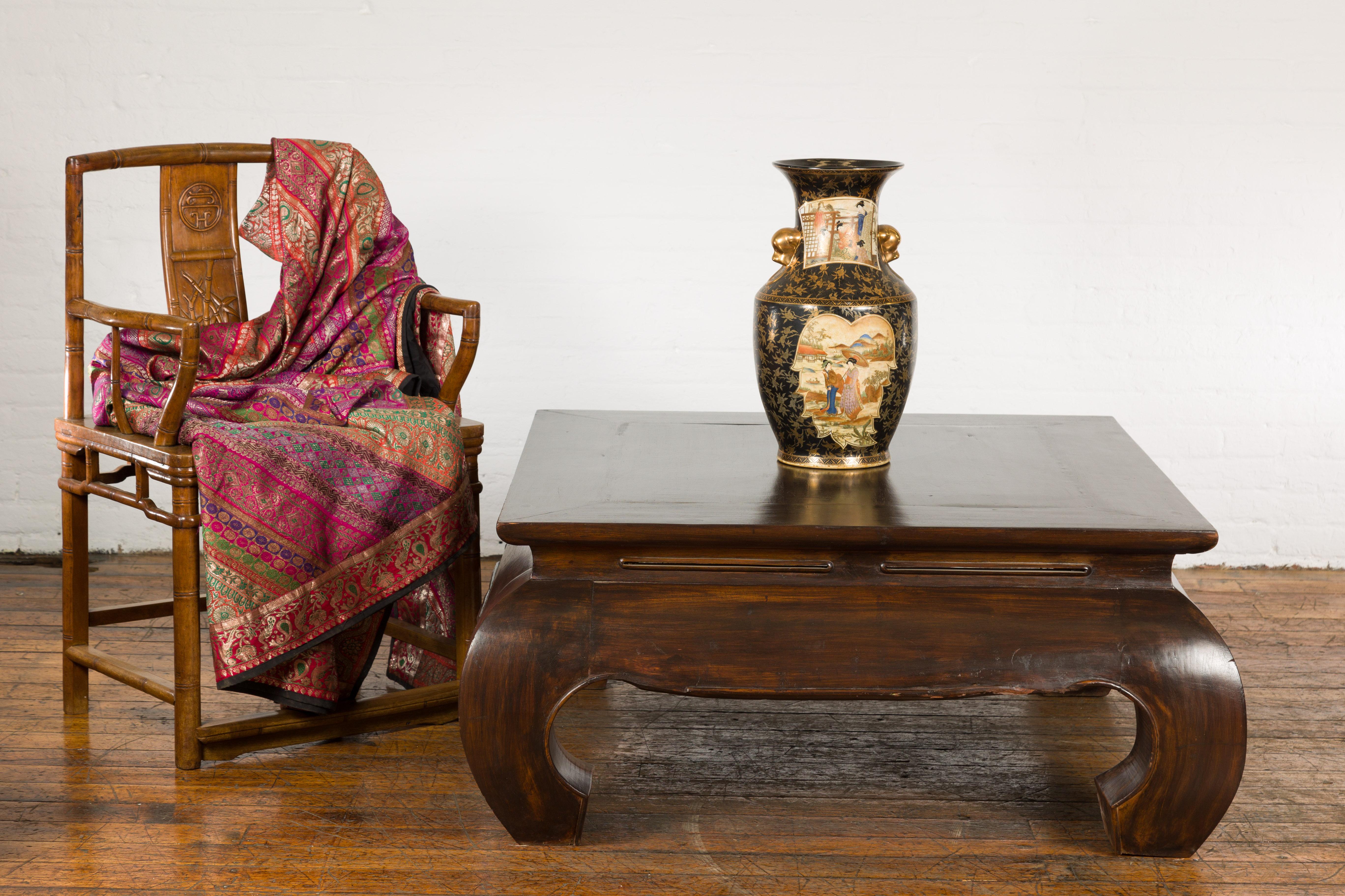 Carved Vintage Thai Chow Leg Coffee Table with Dark Brown Lacquer and Pierced Apron