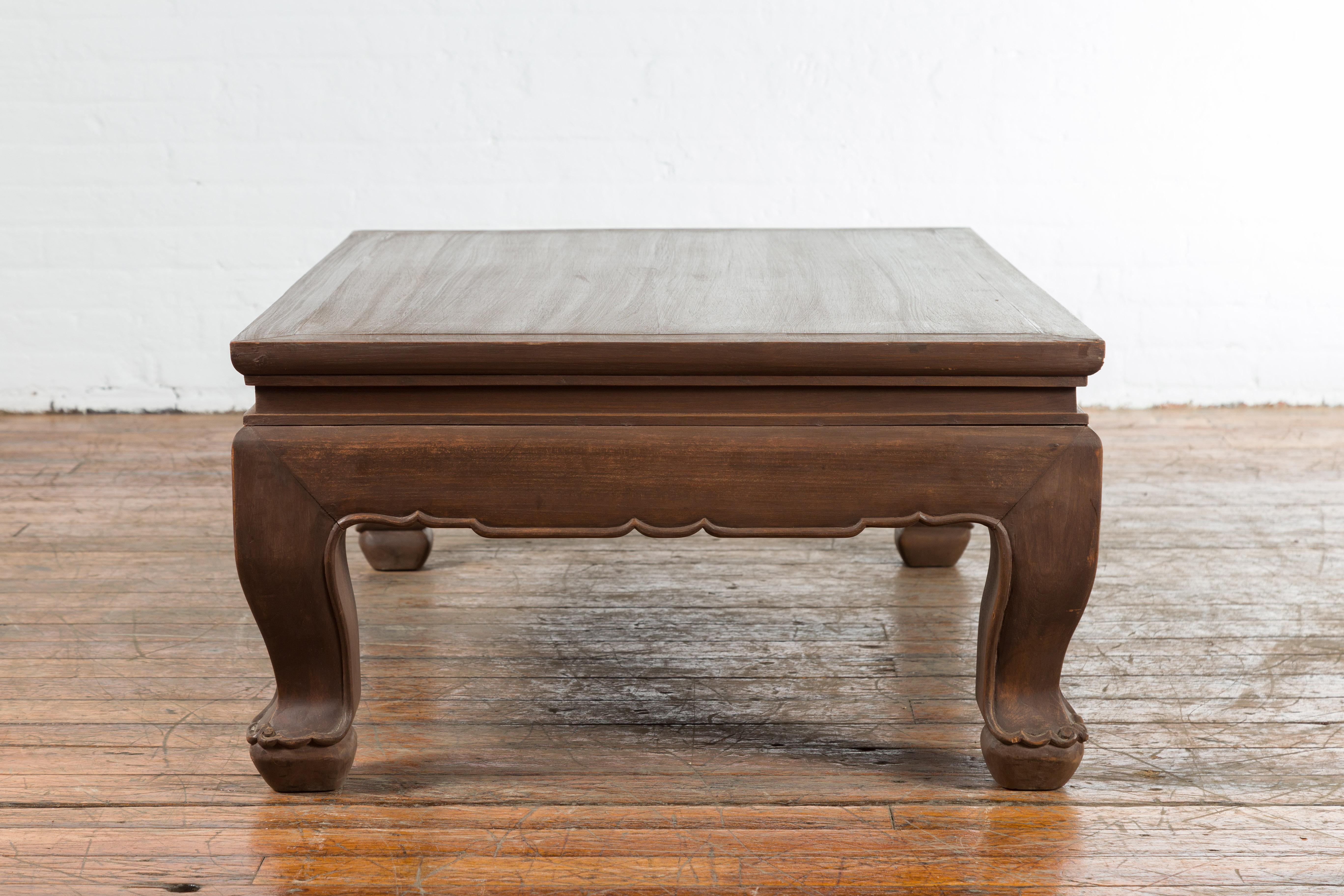 Vintage Thai Chow Legs Coffee Table with Carved Apron and Brown Patina For Sale 2