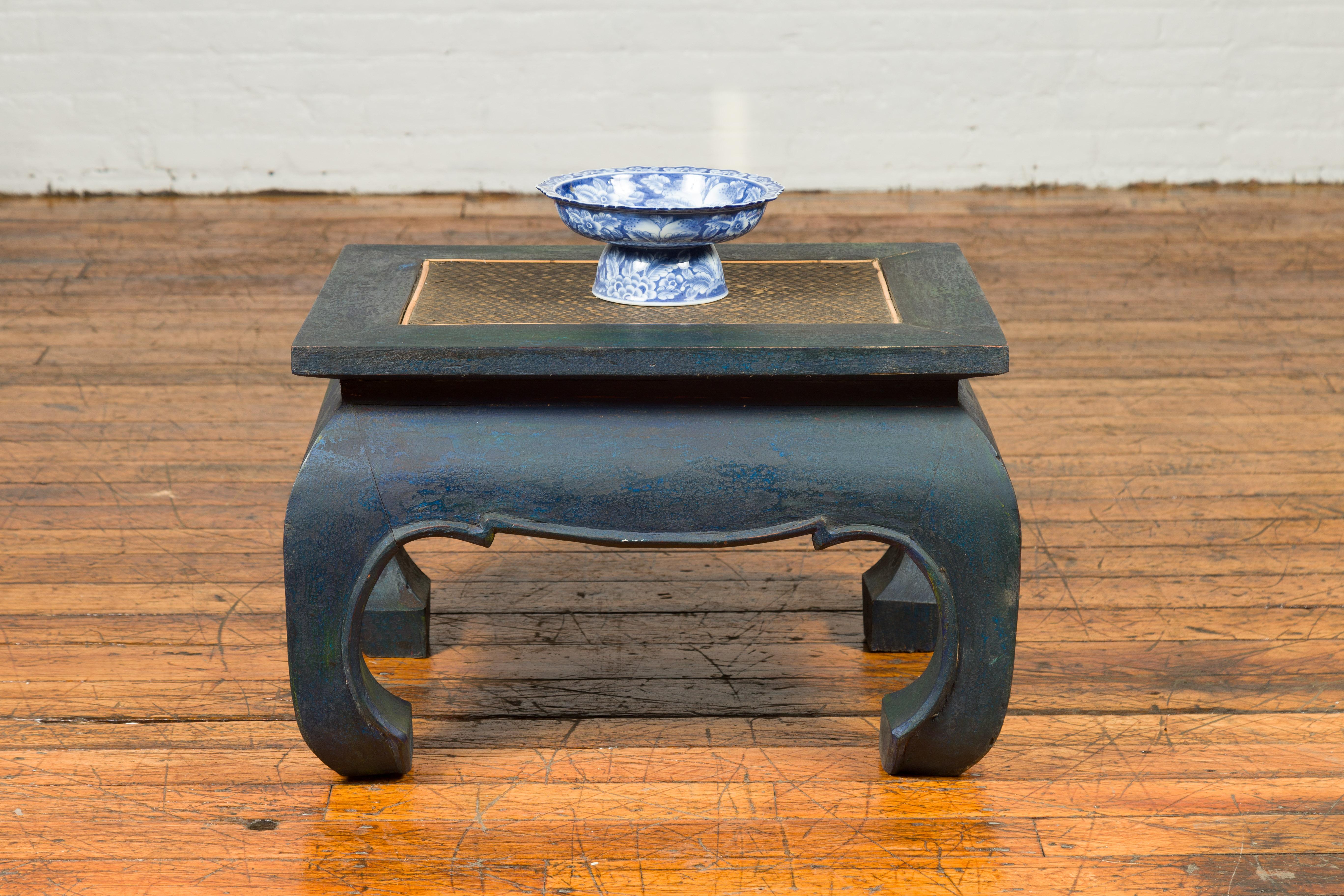 Ming Vintage Thai Cocktail Table with Dark Blue Patina, Chow Legs and Rattan Inset