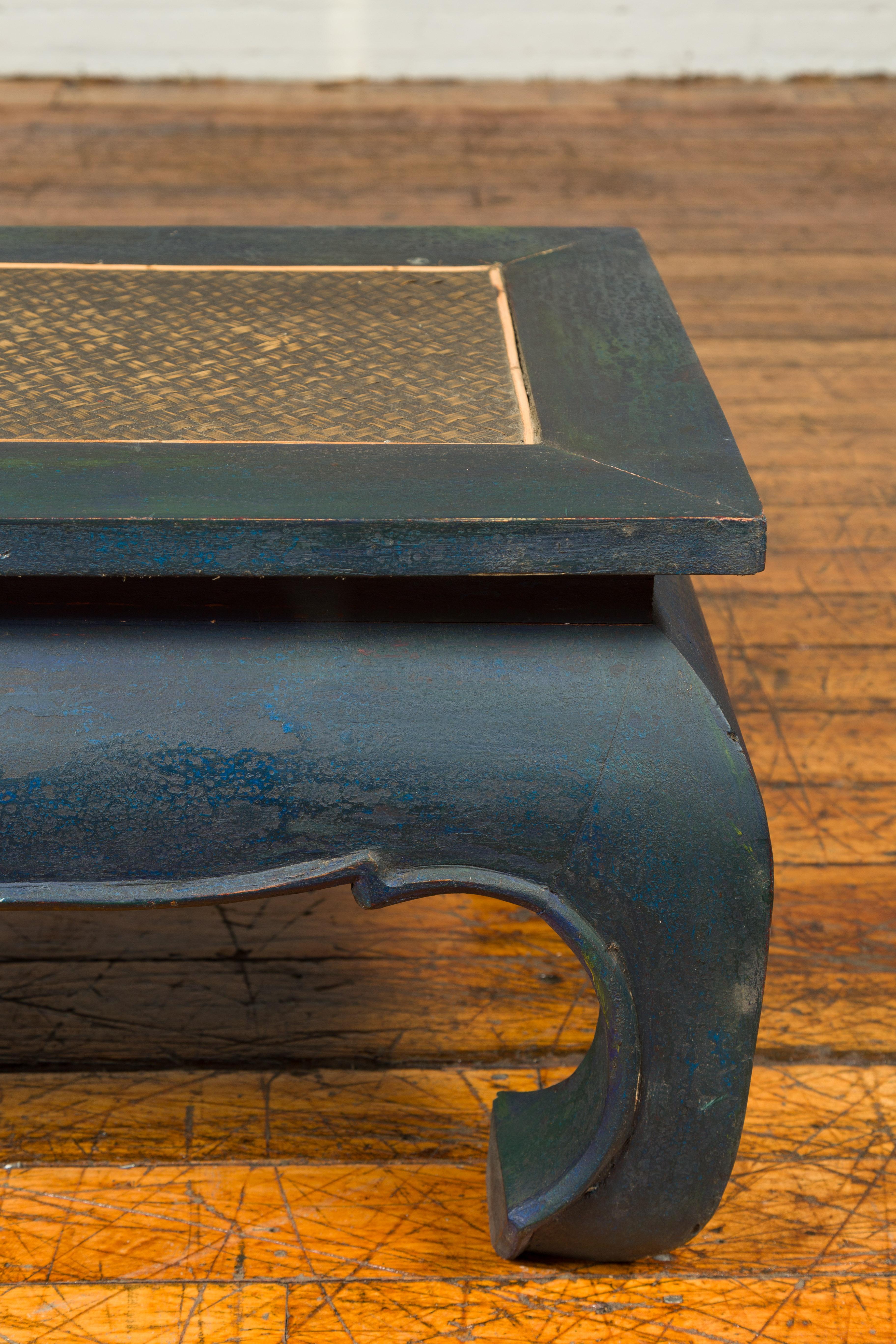 Vintage Thai Cocktail Table with Dark Blue Patina, Chow Legs and Rattan Inset 1