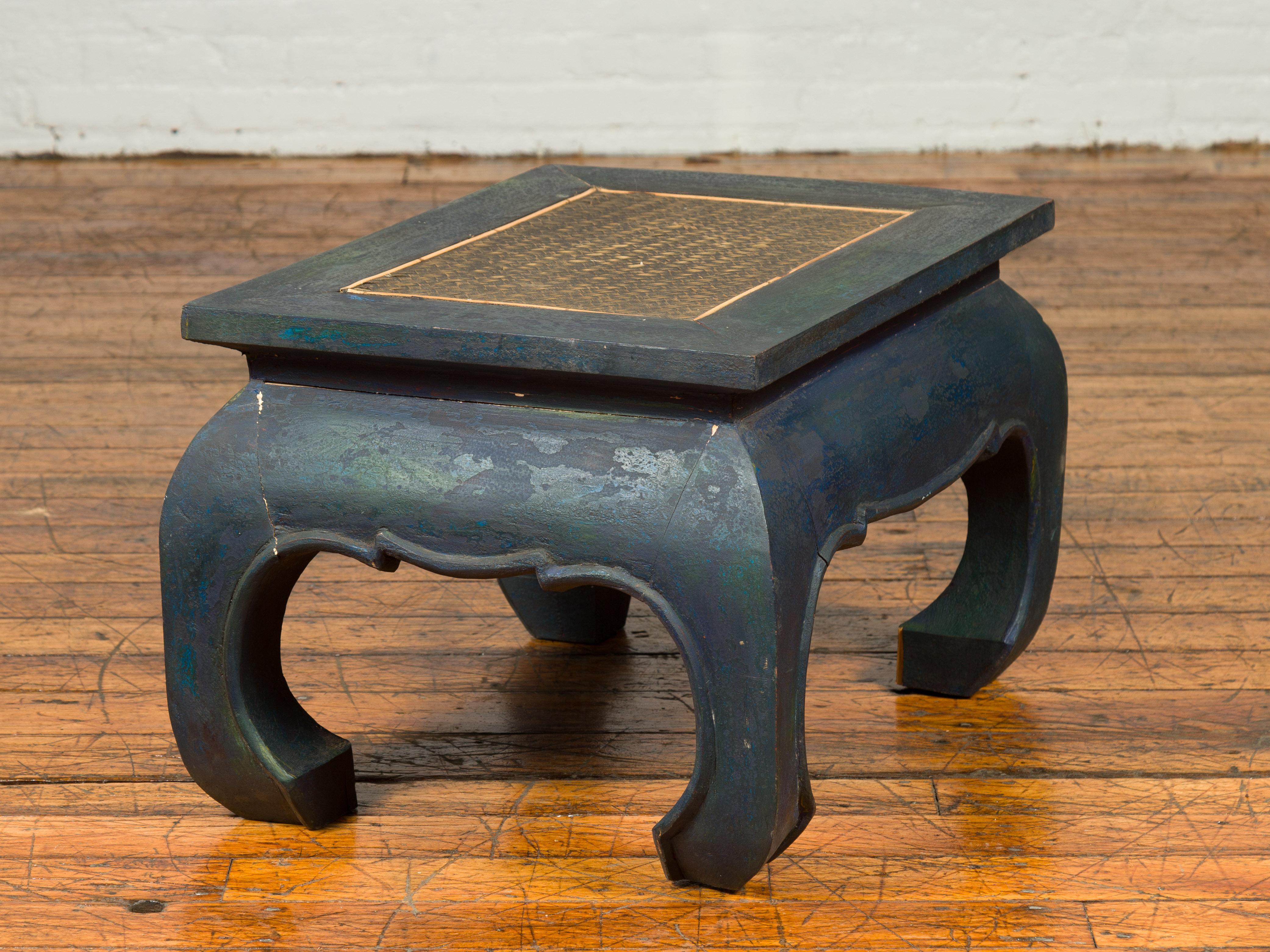 Vintage Thai Cocktail Table with Dark Blue Patina, Chow Legs and Rattan Inset 3