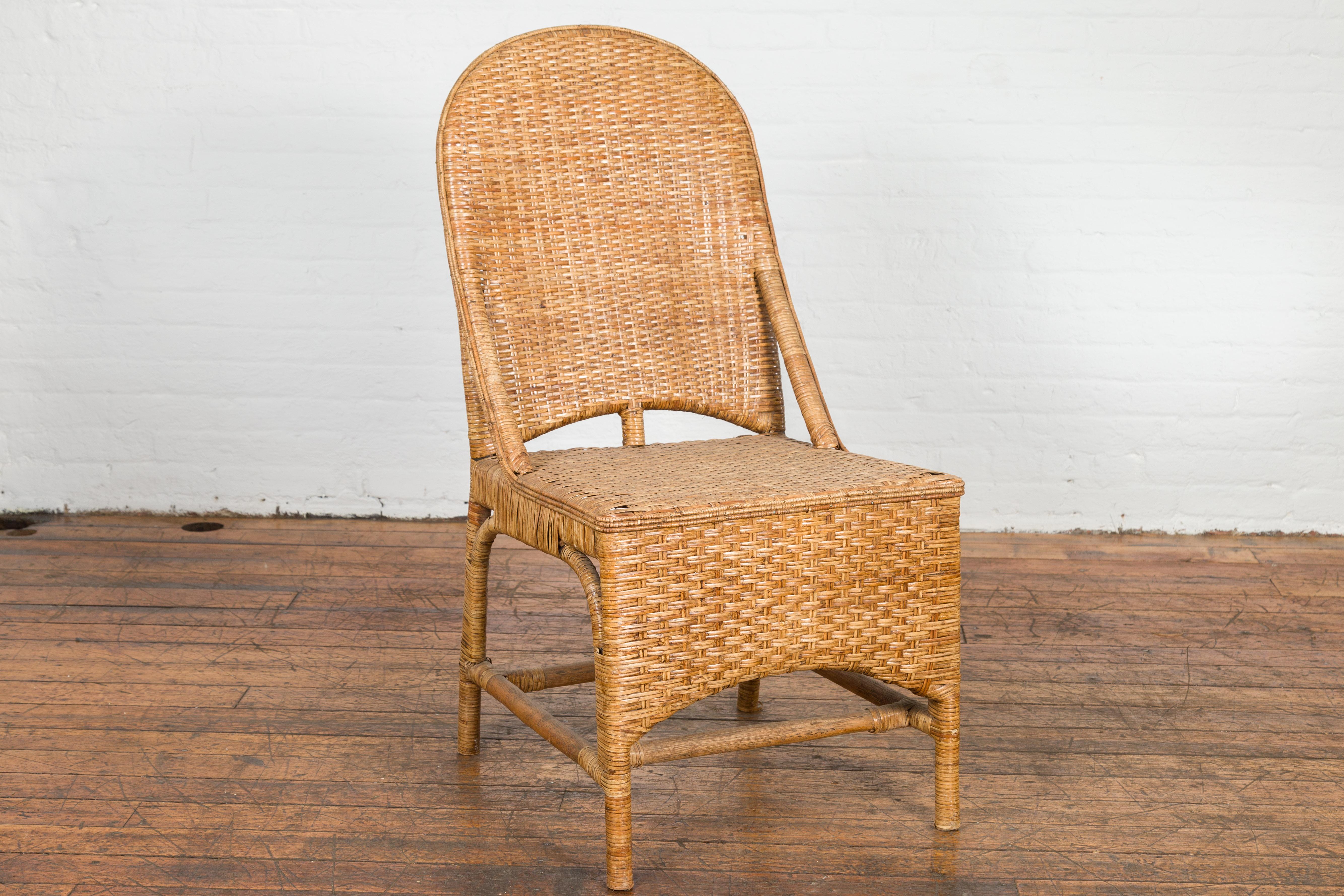 Vintage Country Style Rattan Chairs with Covered Front Aprons, Sold Each In Good Condition For Sale In Yonkers, NY