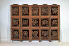 Vintage Thai Five-Panel Lacquered Screen with Gilt Figural and Animal Scenes