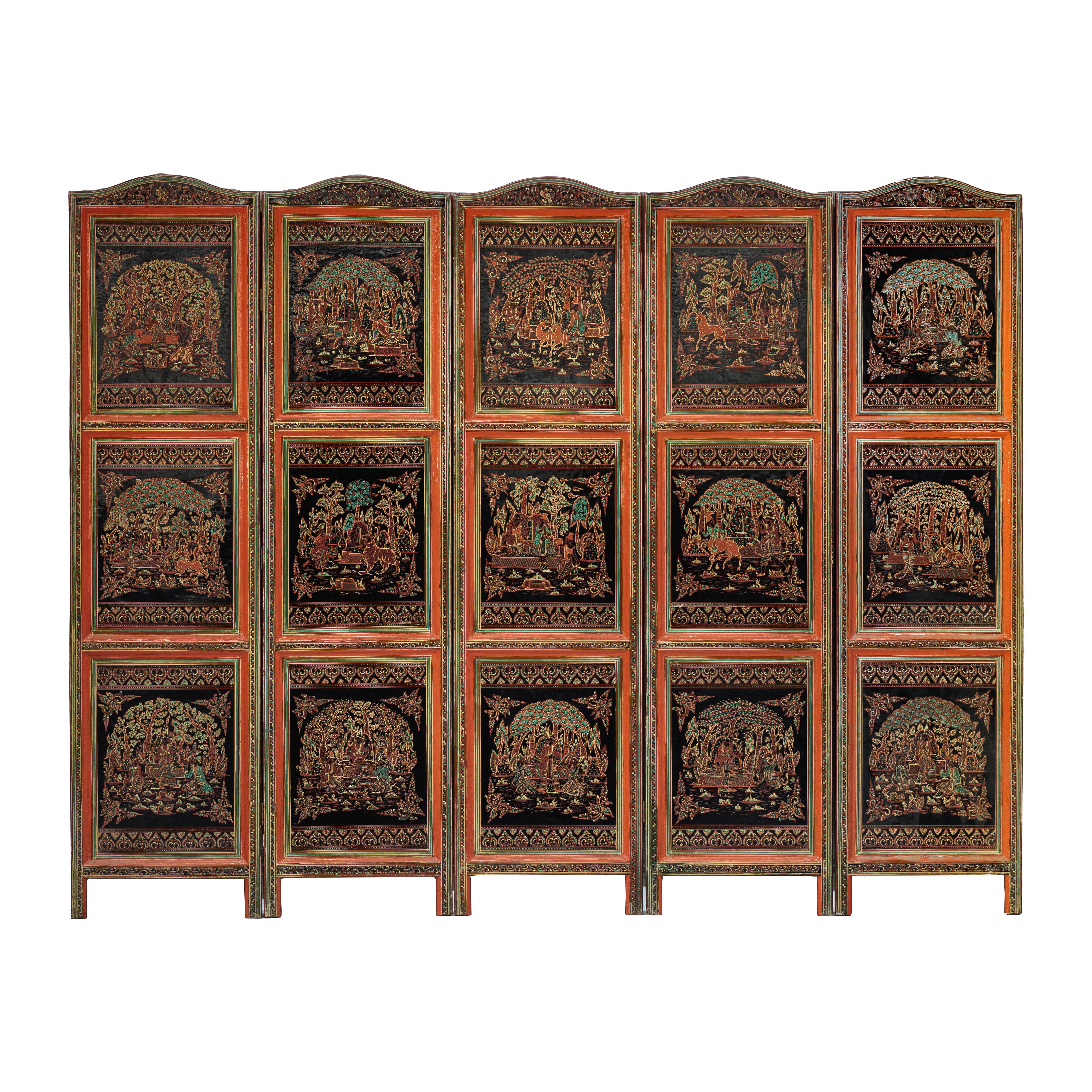 Vintage Thai Five-Panel Lacquered Screen with Gilt Figural and Animal Scenes For Sale 14