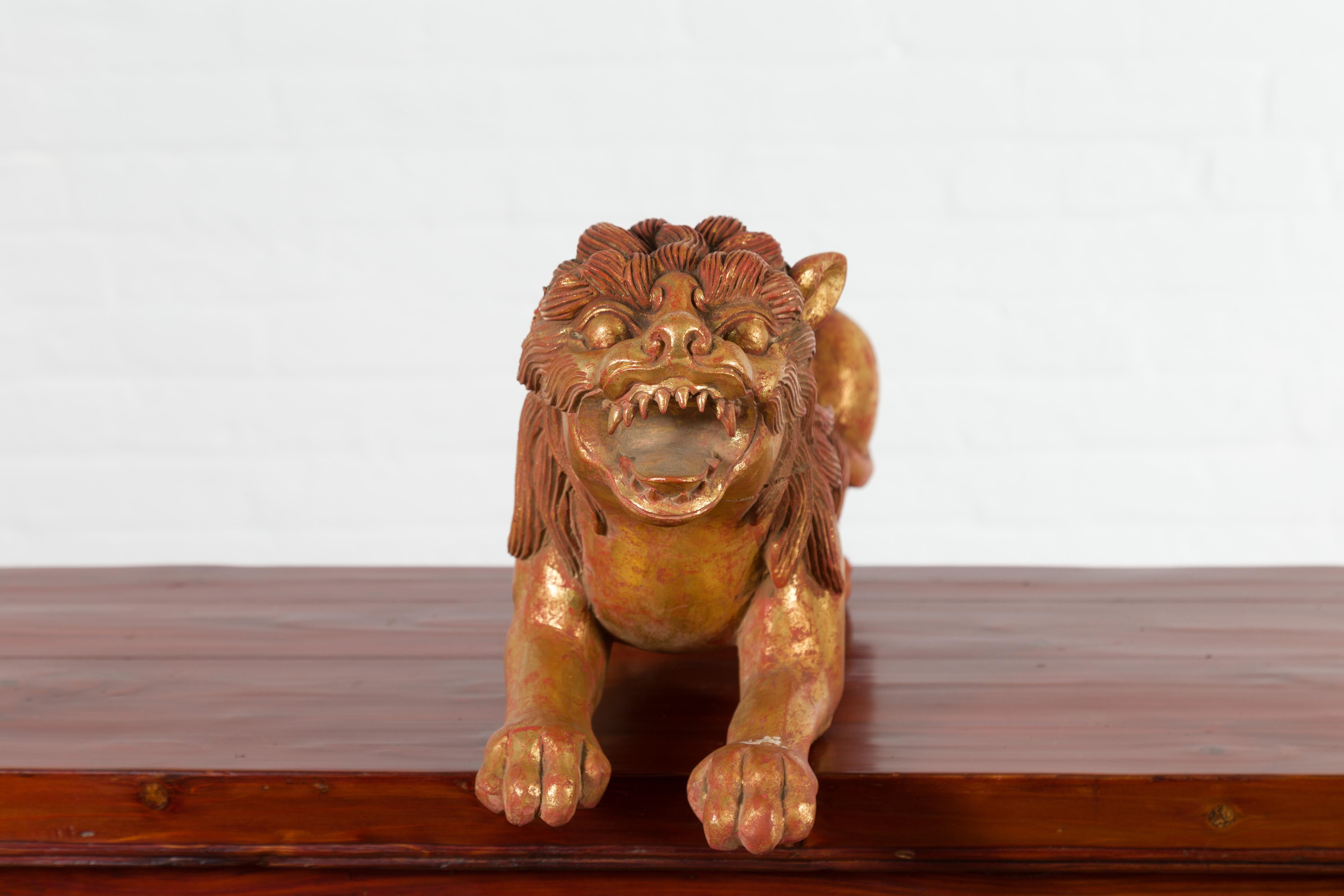 Vintage Thai Gilded and Carved Wooden Mythical Creature with Red Undertone For Sale 3