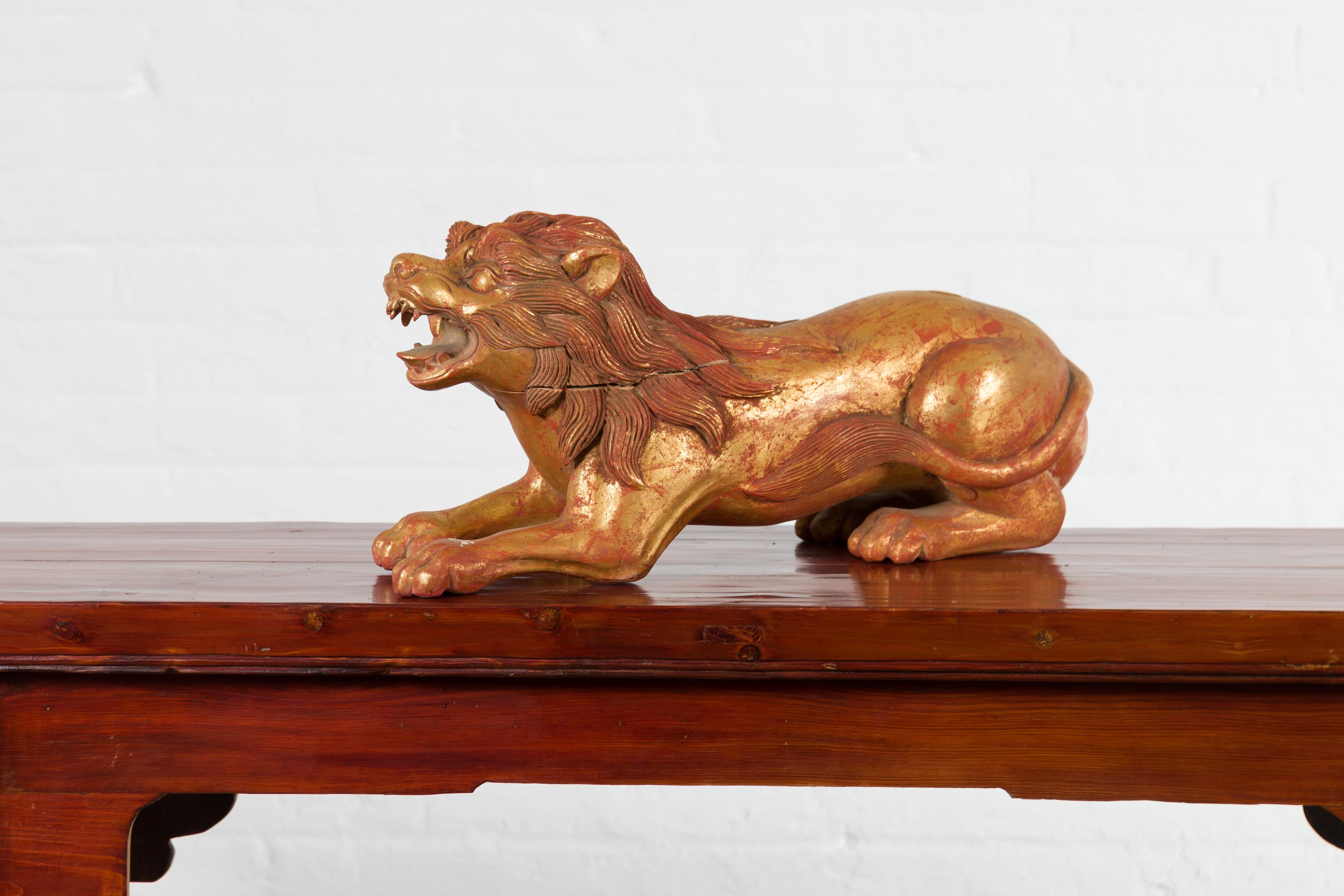 Vintage Thai Gilded and Carved Wooden Mythical Creature with Red Undertone For Sale 2