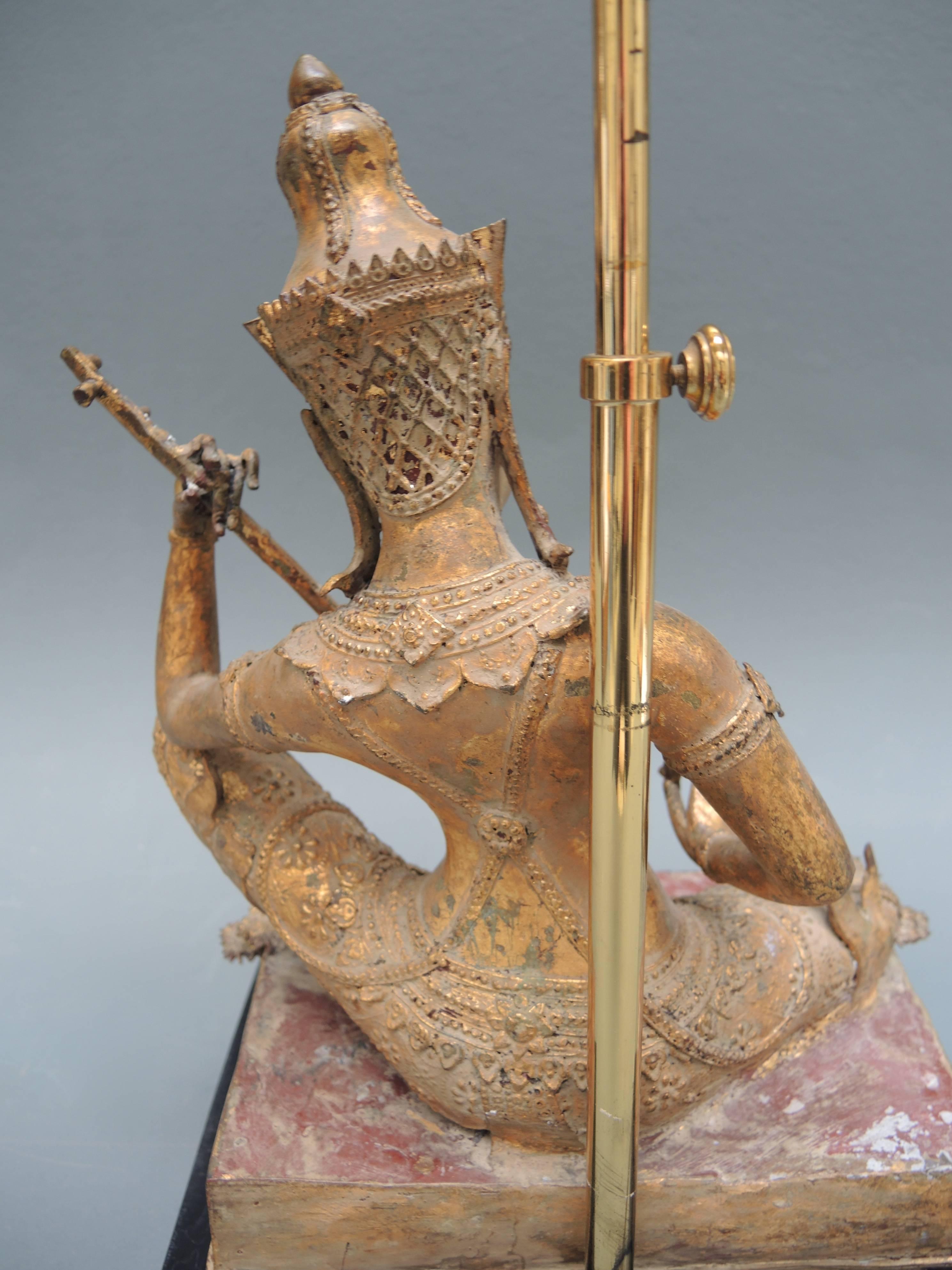 20th Century Vintage Thai Gilt Buddha Figure Lamp with the Original Pagoda Silk Shade