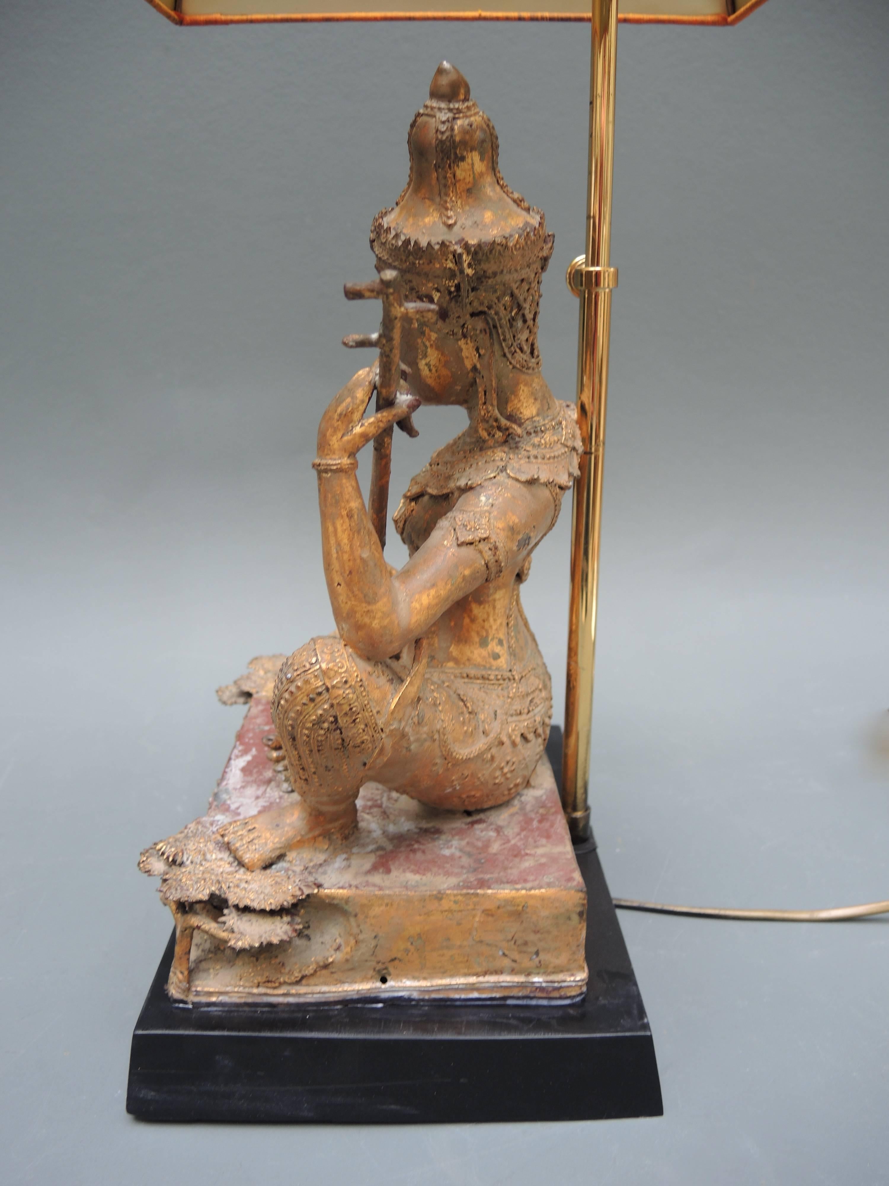 Metal Vintage Thai Gilt Buddha Figure Lamp with the Original Pagoda Silk Shade