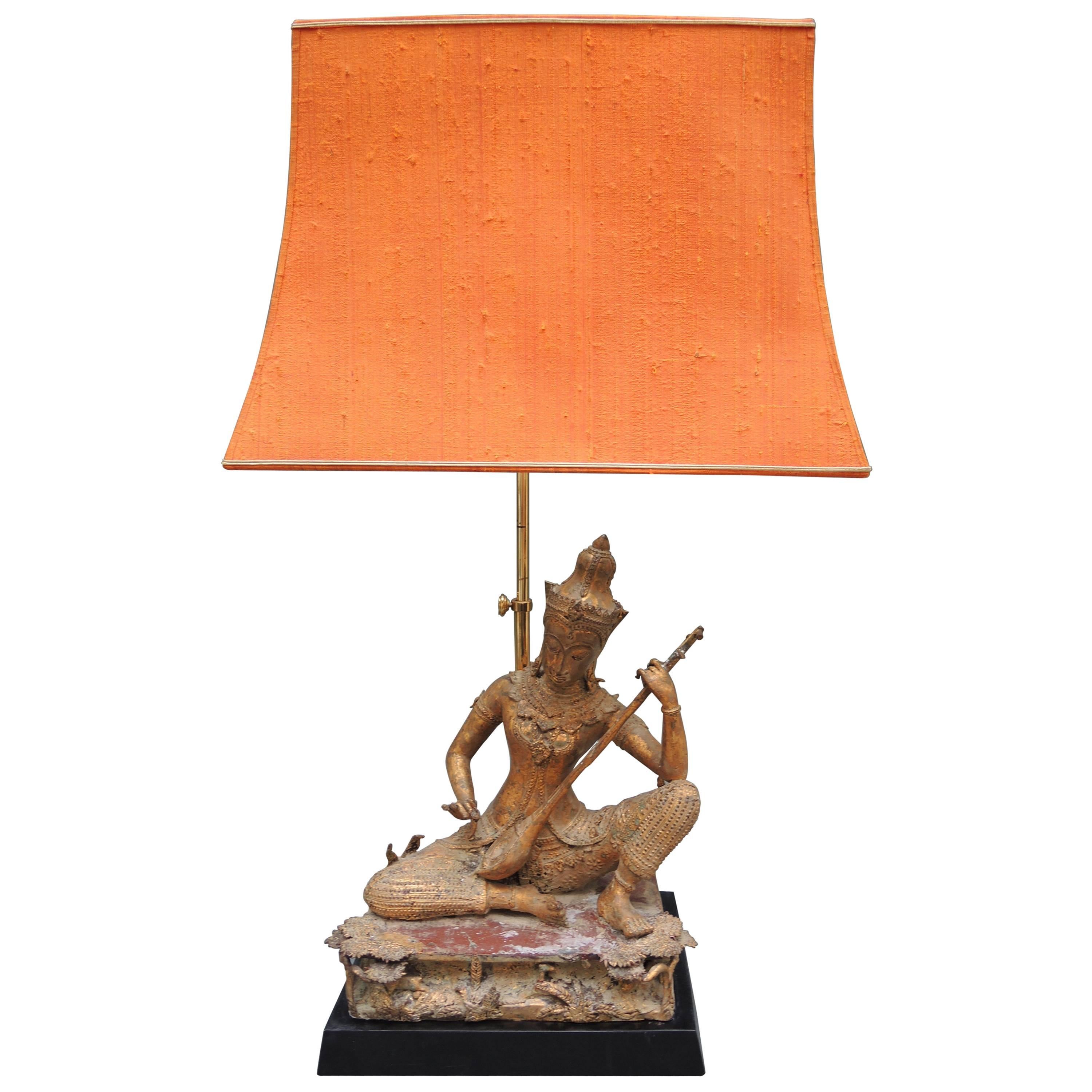 Vintage Thai Gilt Buddha Figure Lamp with the Original Pagoda Silk Shade