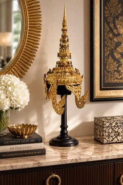 Vintage Thai Gilt Ceremonial Chada Headdress with Mirrored Inlay on Stand