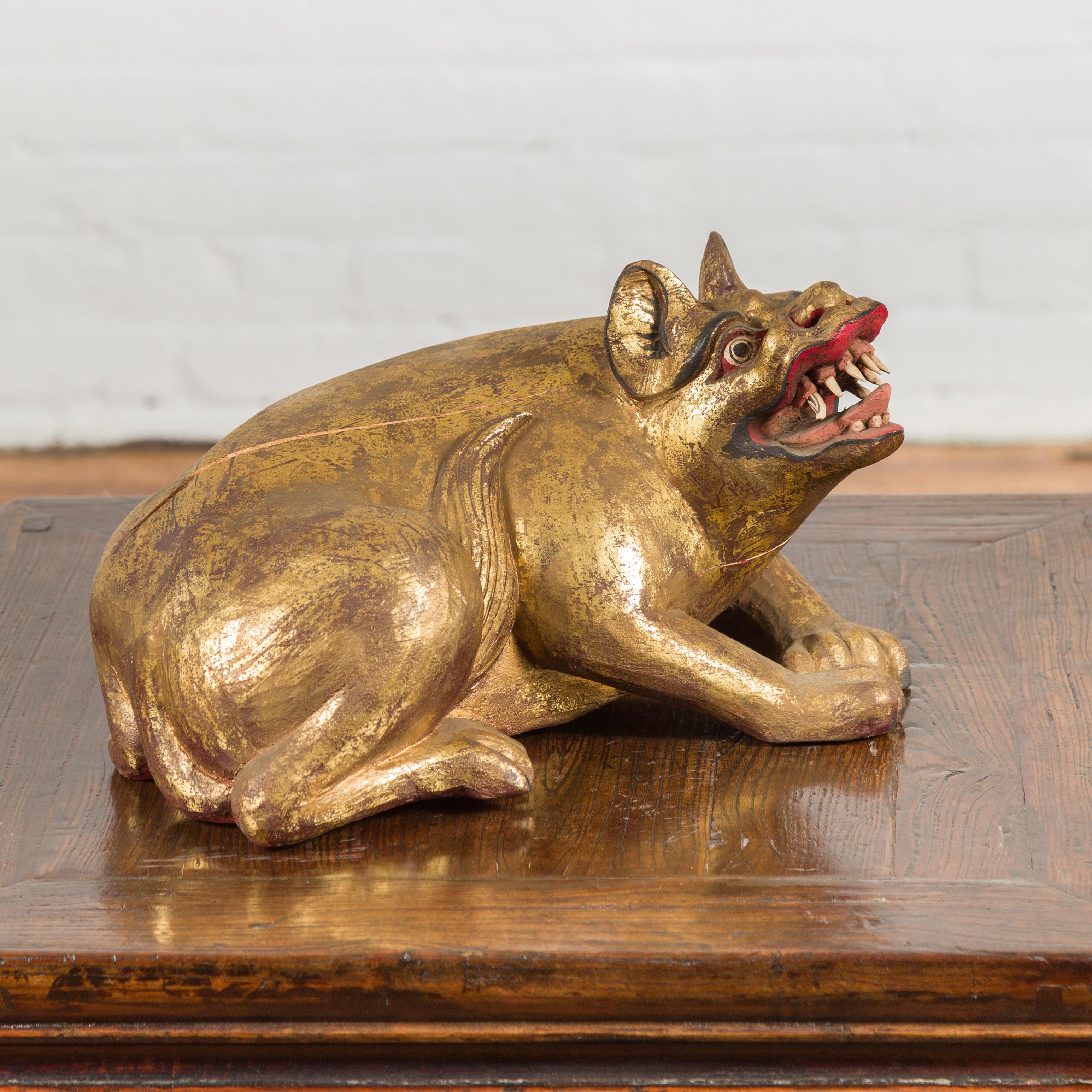 20th Century Vintage Thai Giltwood Mythical Animal from Chiang-Mai with Striking Expression