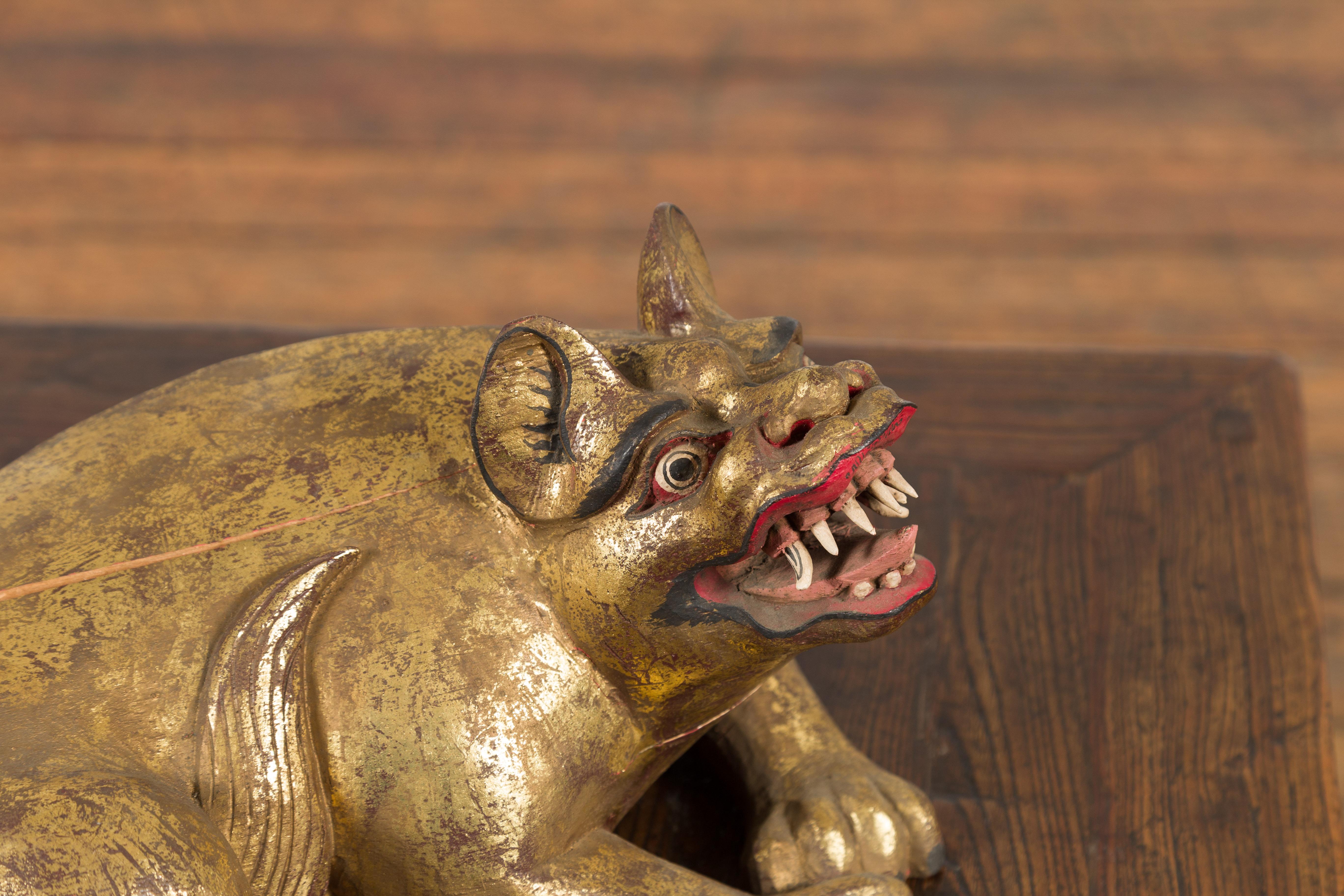 Vintage Thai Giltwood Mythical Animal from Chiang-Mai with Striking Expression 1