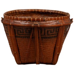 Vintage Thai Grain Basket with Tapering Body and Black Greek Key Patterns