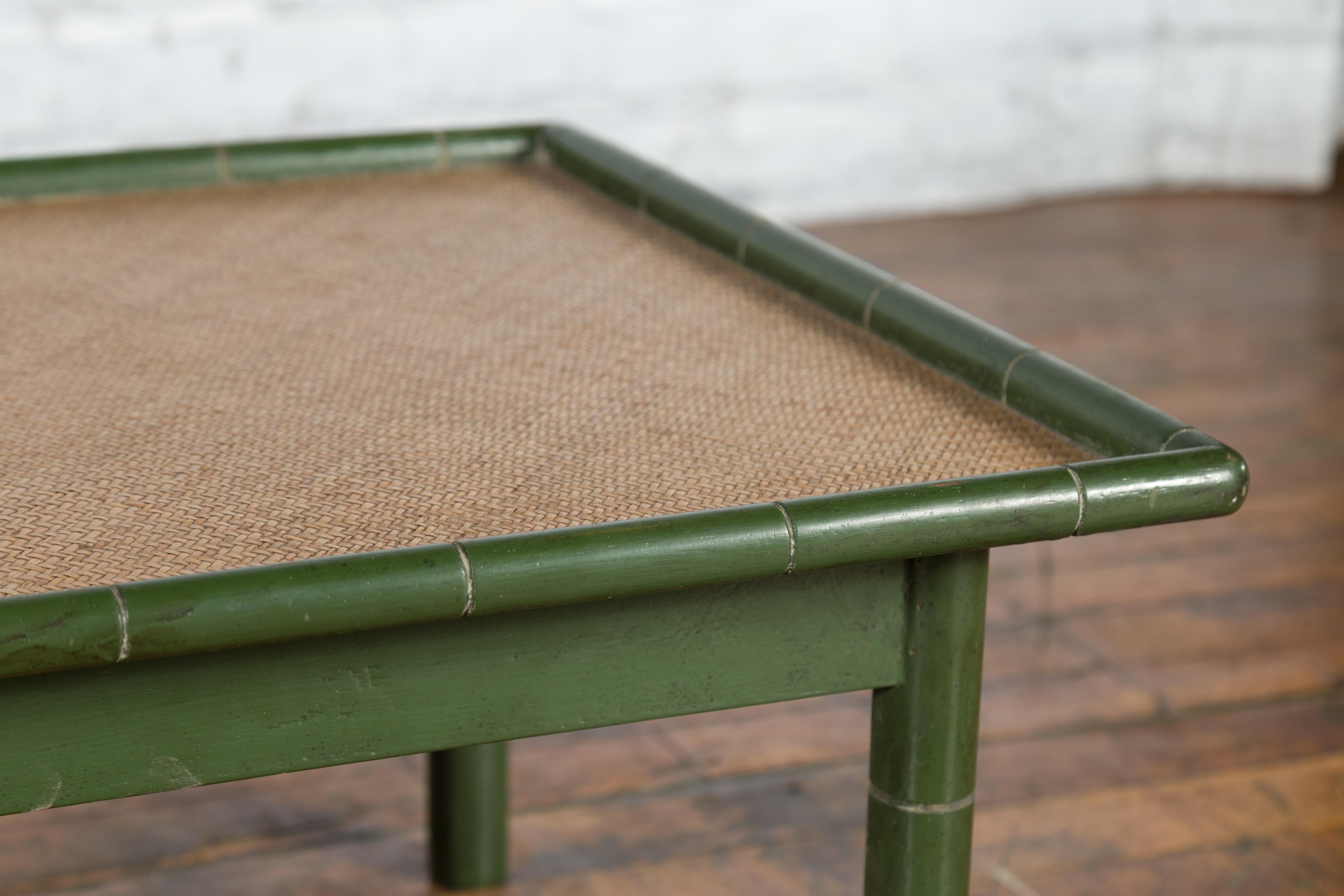 Vintage Thai Green Painted Faux Bamboo Coffee Table with Woven Rattan Top For Sale 2