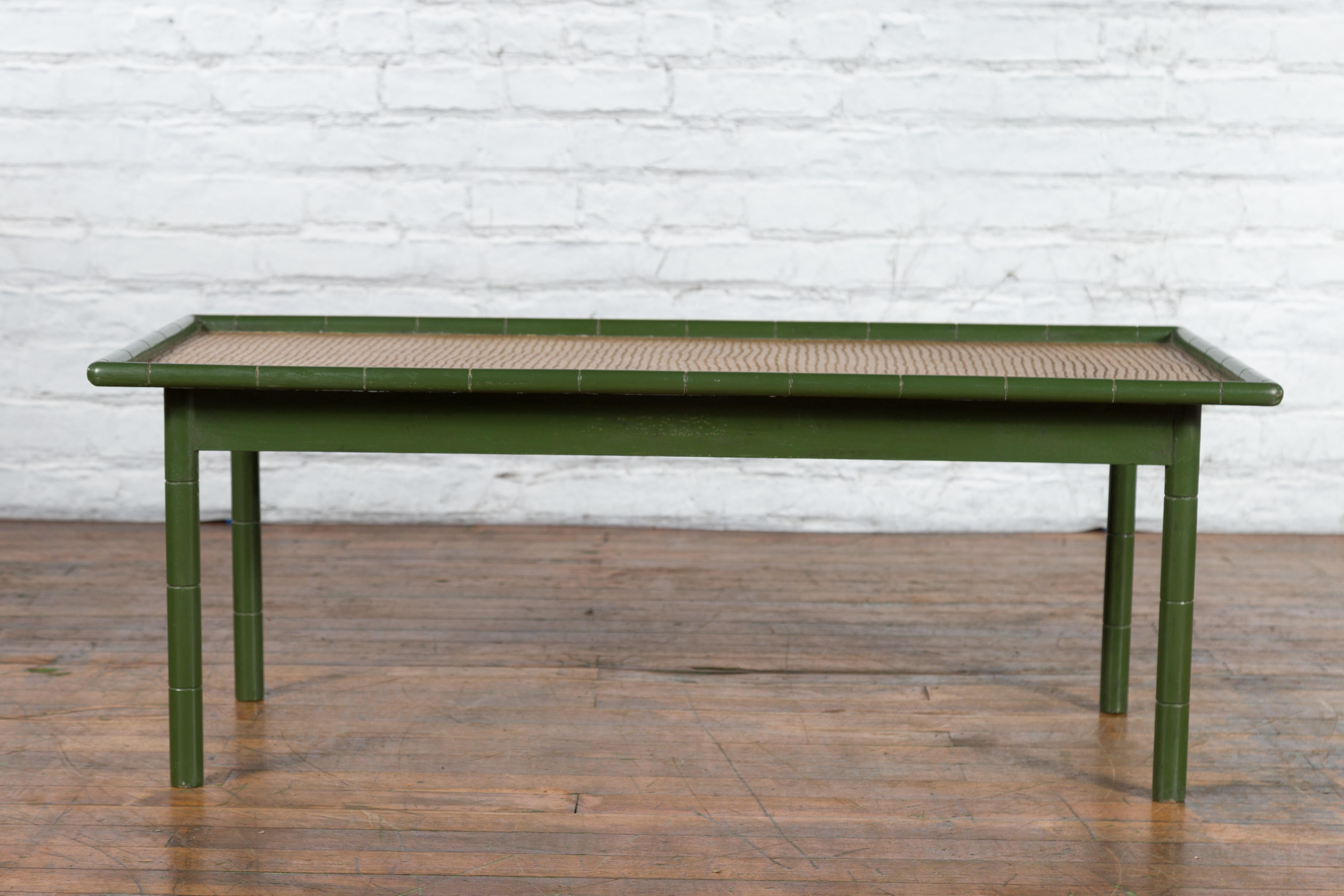Vintage Thai Green Painted Faux Bamboo Coffee Table with Woven Rattan Top For Sale 5