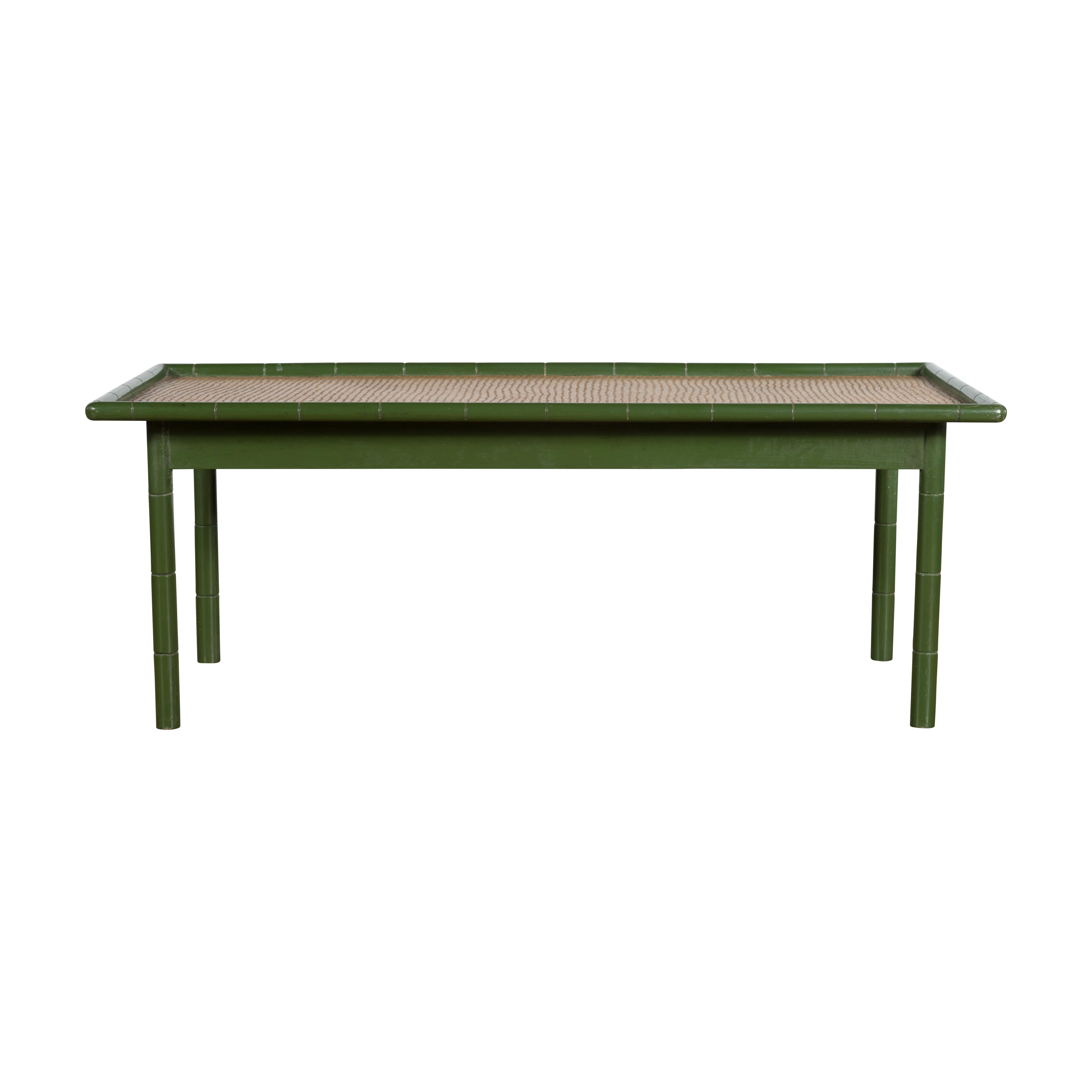 Vintage Thai Green Painted Faux Bamboo Coffee Table with Woven Rattan Top For Sale 7